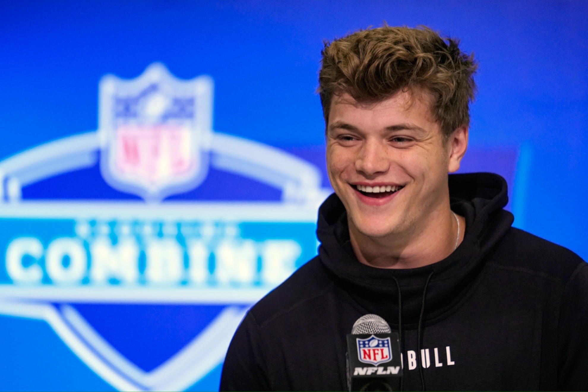 J.J. McCarthy during a press conference at the NFL 2024 scouting combine.