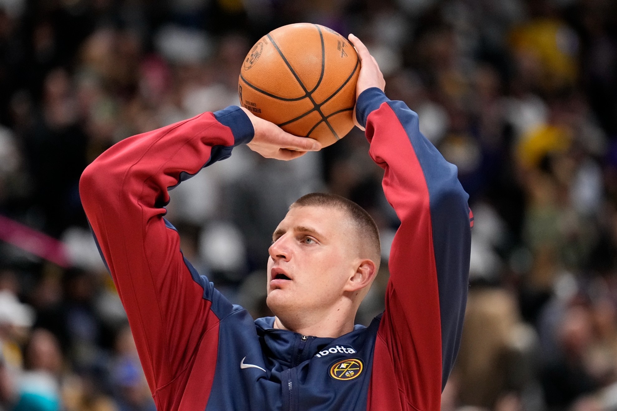 Denver Nuggets center Nikola Jokic warms up prior to Game 1 of an NBA.