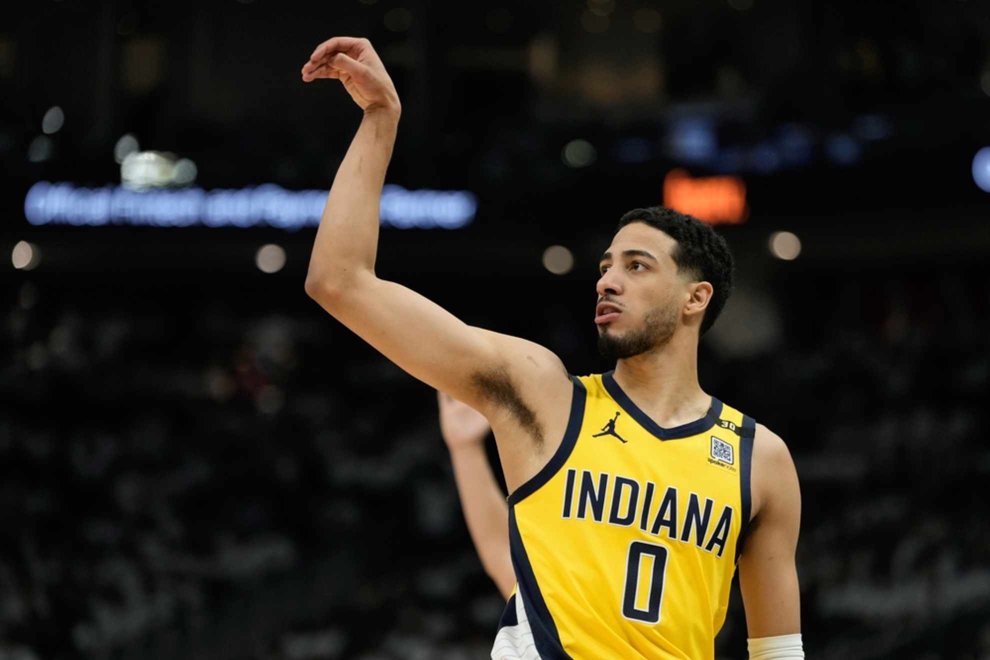 Tyrese Haliburton reacts to his three pointer during the second half of Game 2 against Bucks /