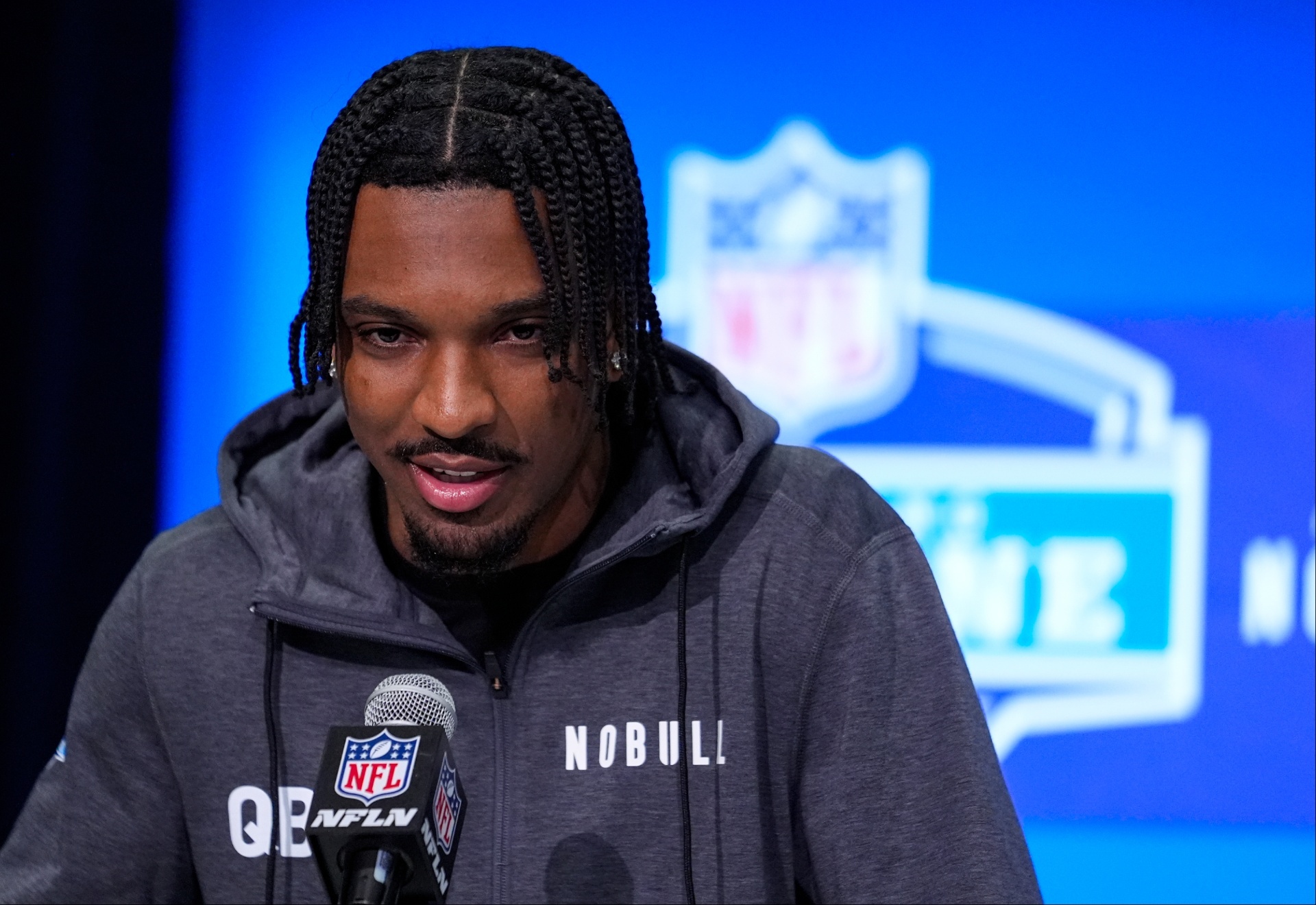 Jayden Daniels at a press conference at the NFL scouting combine in March 1, 2024.