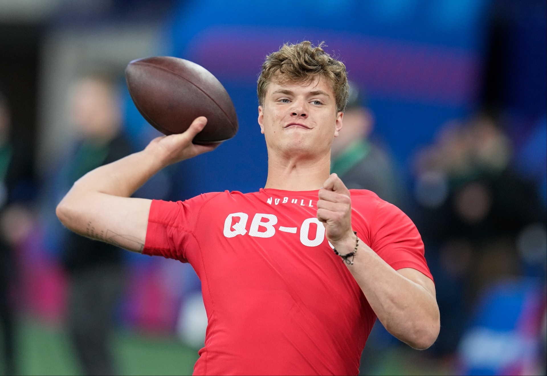 J.J. McCarthy runs a drill at the 2024 NFL football scouting combine.