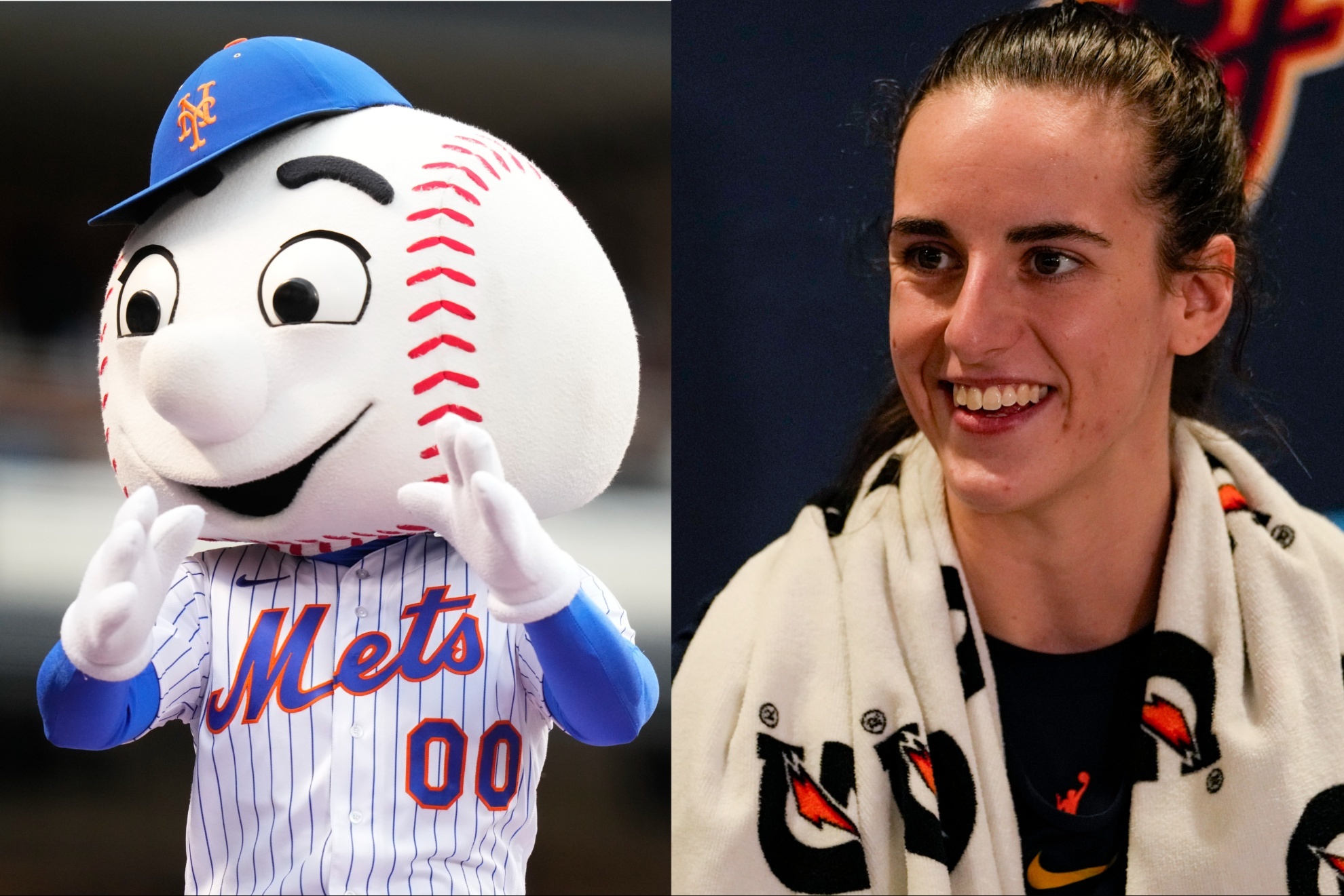 Mets popular mascot, Mr. Met, and WNBA star Caitlin Clark.