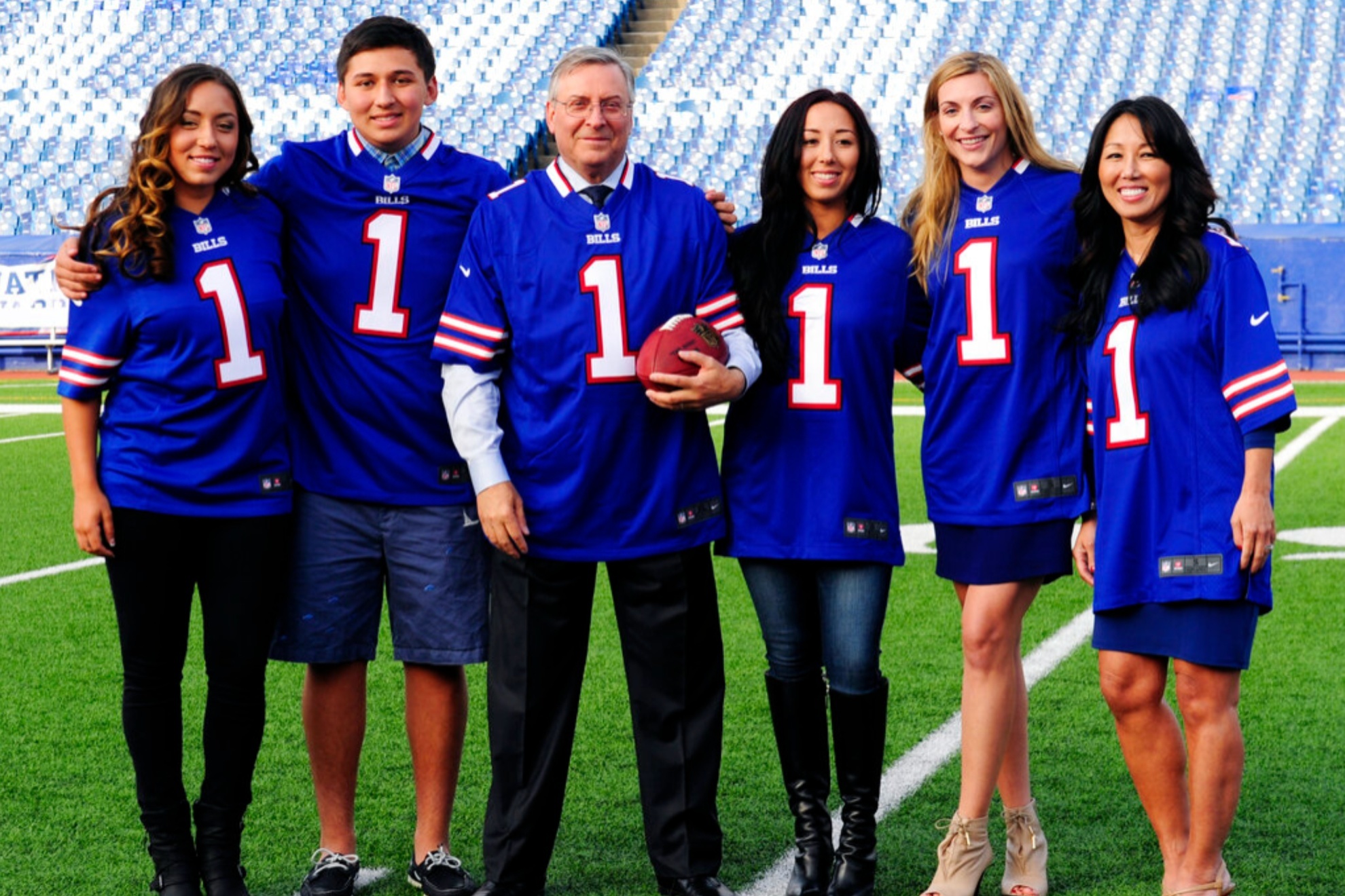 From the left: Jessica, Matthew, Terry, Kelly, Laura, and Kim Pegula after purchasing the Bills in 2014.