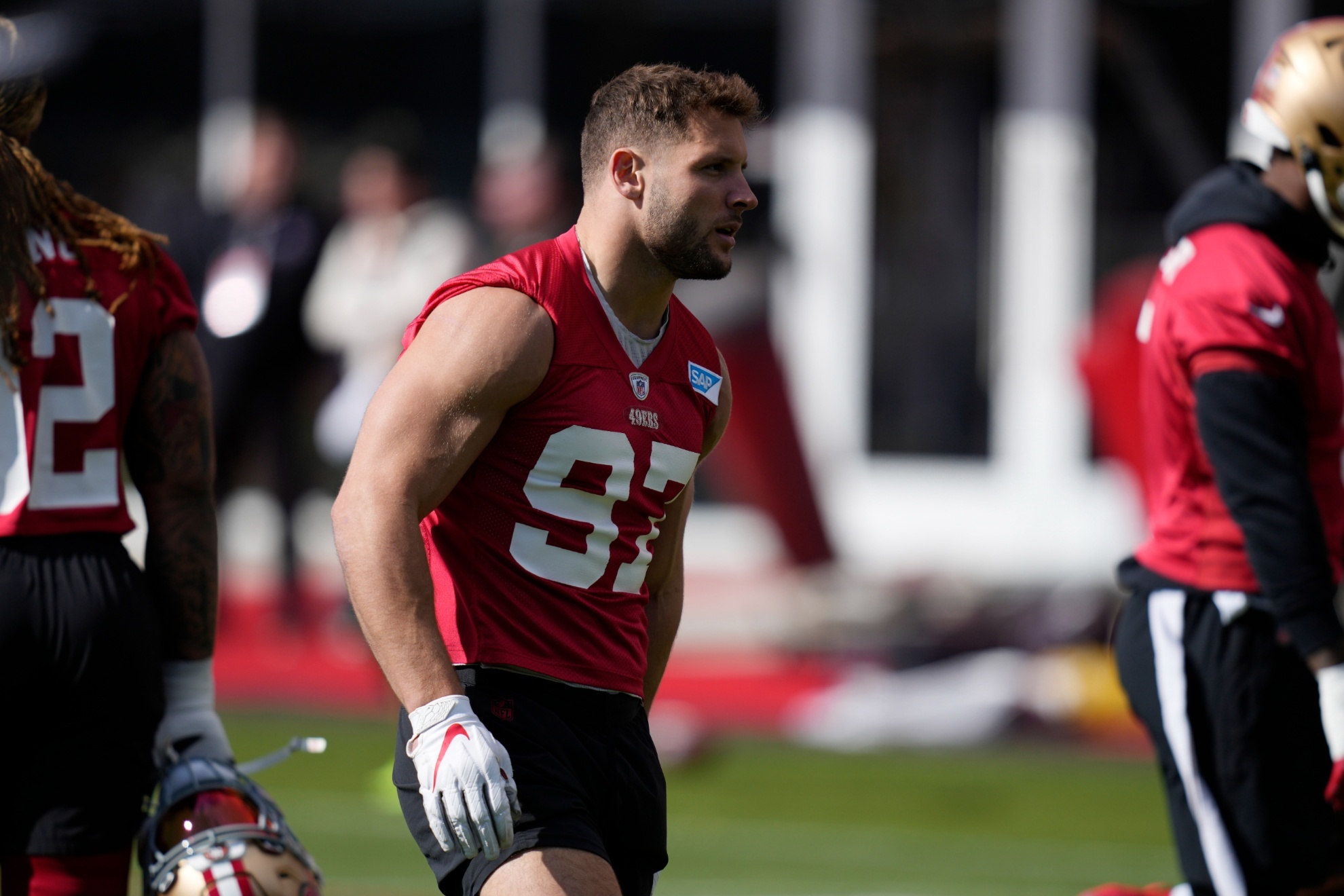 San Francisco 49ers defensive end Nick Bosa (97) warms up during a practice ahead of the Super Bowl 58 NFL football game Wednesday, Feb. 7, 2024, in Las Vegas. The 49ers play the Kansas City Chiefs Sunday in Las Vegas. (AP Photo/John Locher)