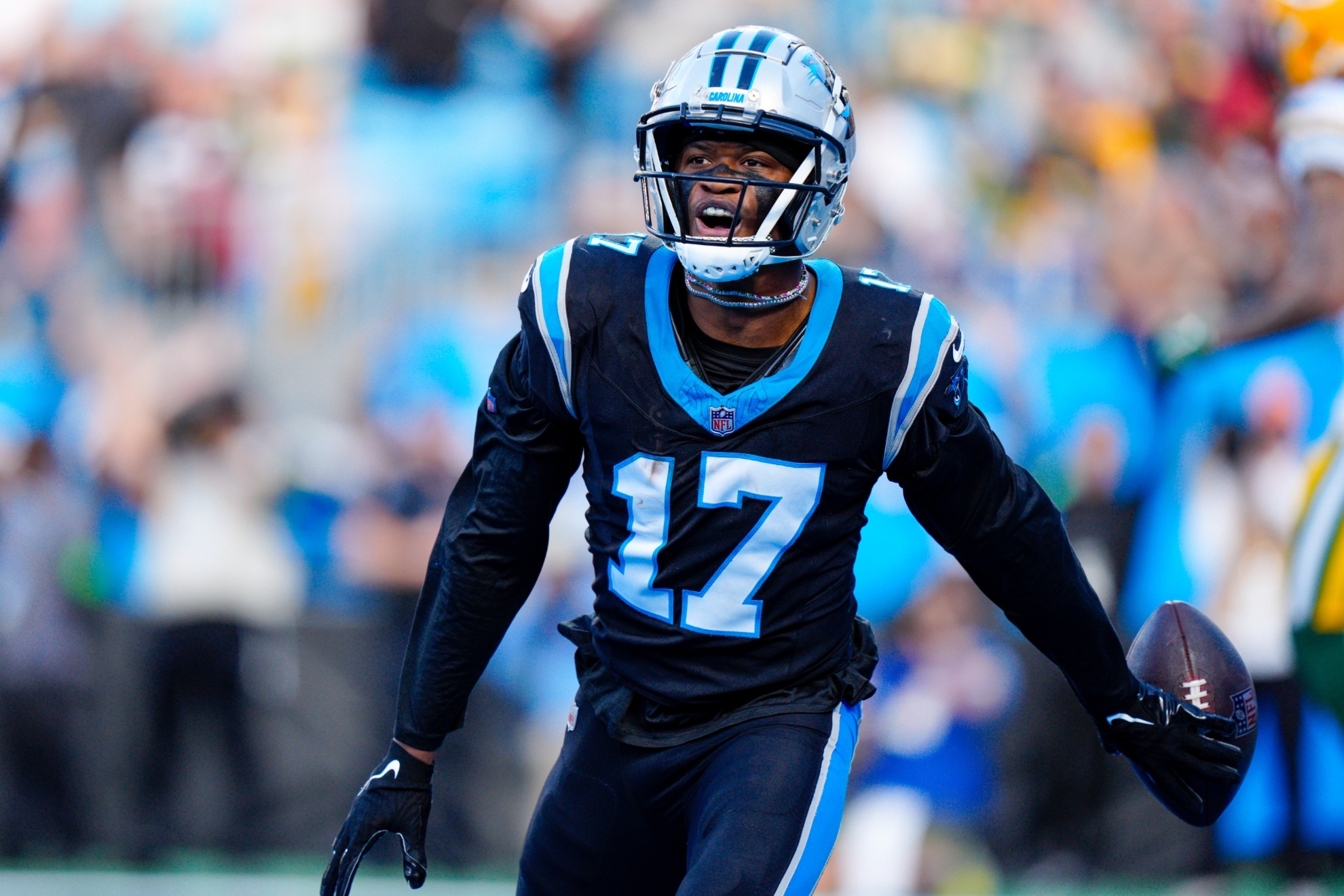 Carolina Panthers wide receiver DJ Chark Jr. celebrates after scoring against the Green Bay Packers during the second half of an NFL football game Sunday, Dec. 24, 2023, in Charlotte, N.C. (AP Photo/Jacob Kupferman)