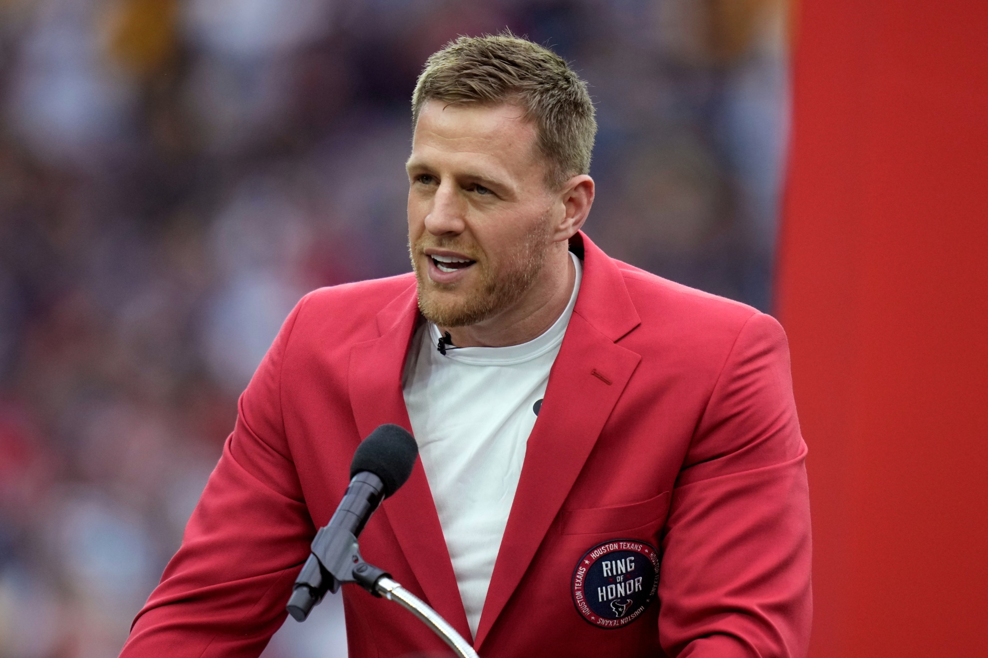 Former Houston Texans player J.J. Watt speaks during a ceremony to retire his jersey number an NFL football game between the Houston Texans and the Pittsburgh Steelers, Sunday, Oct. 1, 2023, in Houston. (AP Photo/Eric Christian Smith)