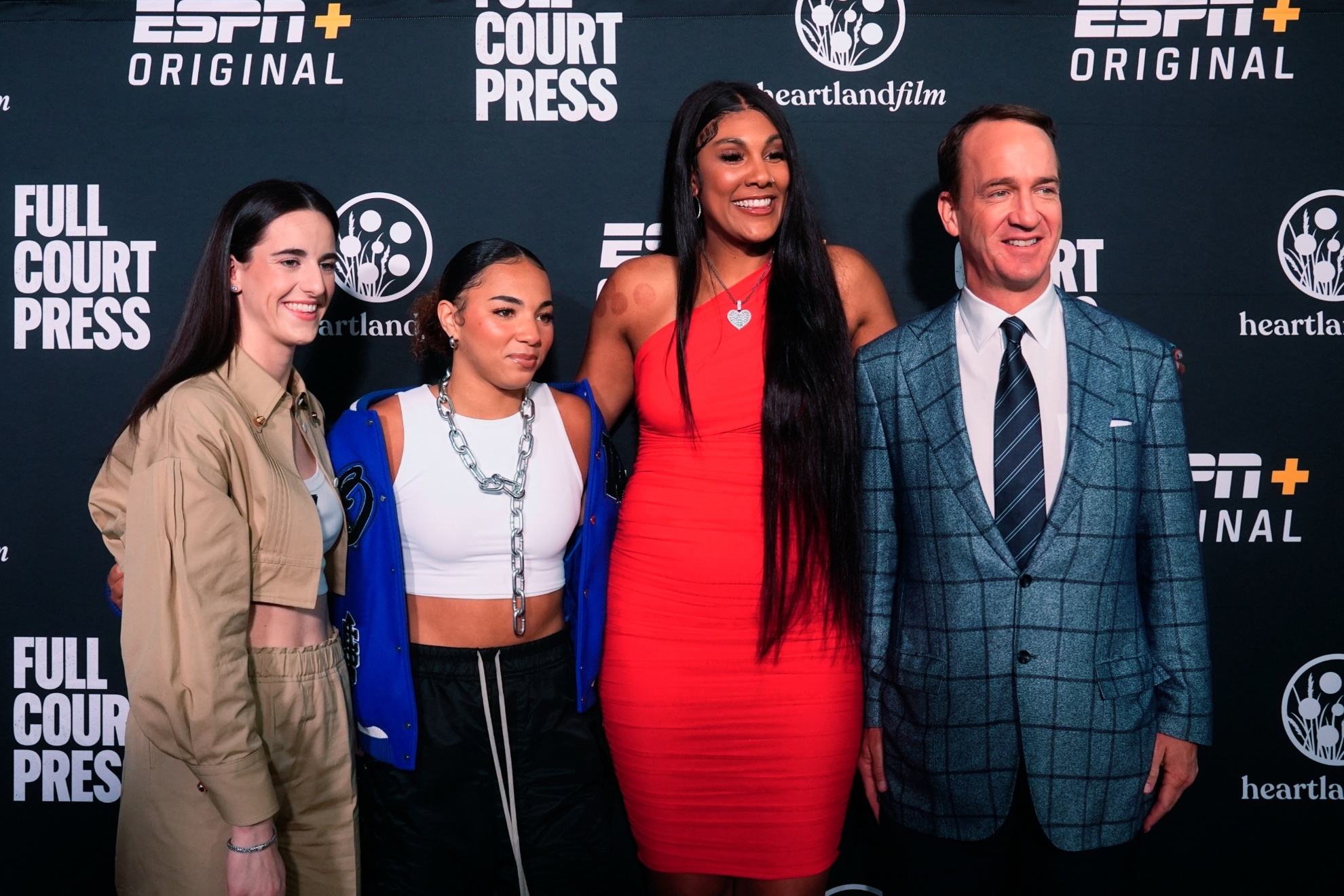 From left to right, Indiana Fevers Caitlin Clark, UCLAs Kiki Rice, Chicago Skys Kamilla Cardoso and Peyton Manning arrive on the Red Carpet before the world premiere and screening of Episode 1 of the upcoming ESPN+ Original Series Full Court Press, Monday, May 6, 2024, in Indianapolis. (AP Photo/Darron Cummings)