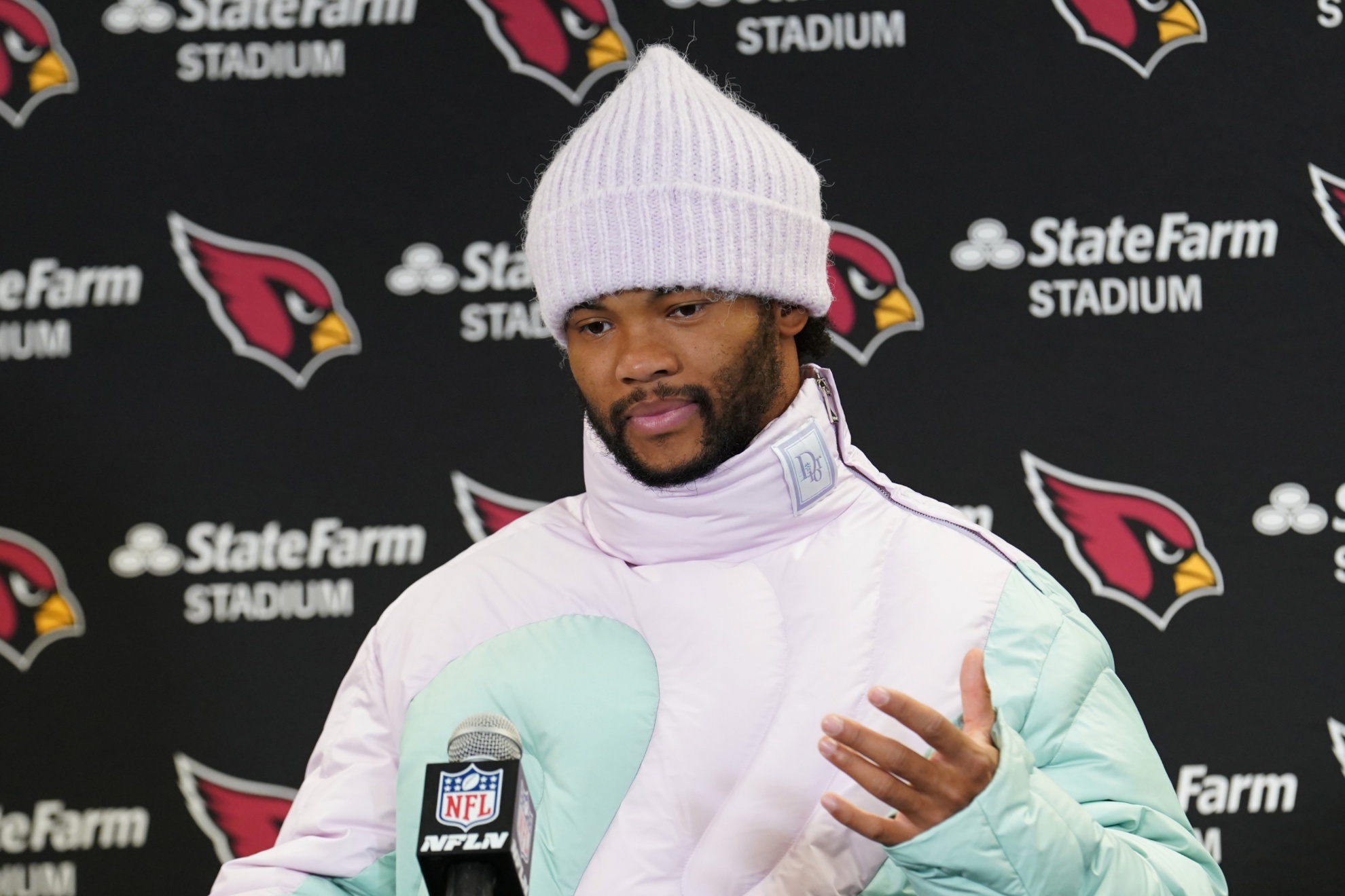 Arizona Cardinals quarterback Kyler Murray pauses while answering a quesion during a press conference after an NFL football game against the Pittsburgh Steelers Sunday, Dec. 3, 2023, in Pittsburgh. The Cardinals won 24-10. (AP Photo/Matt Freed)