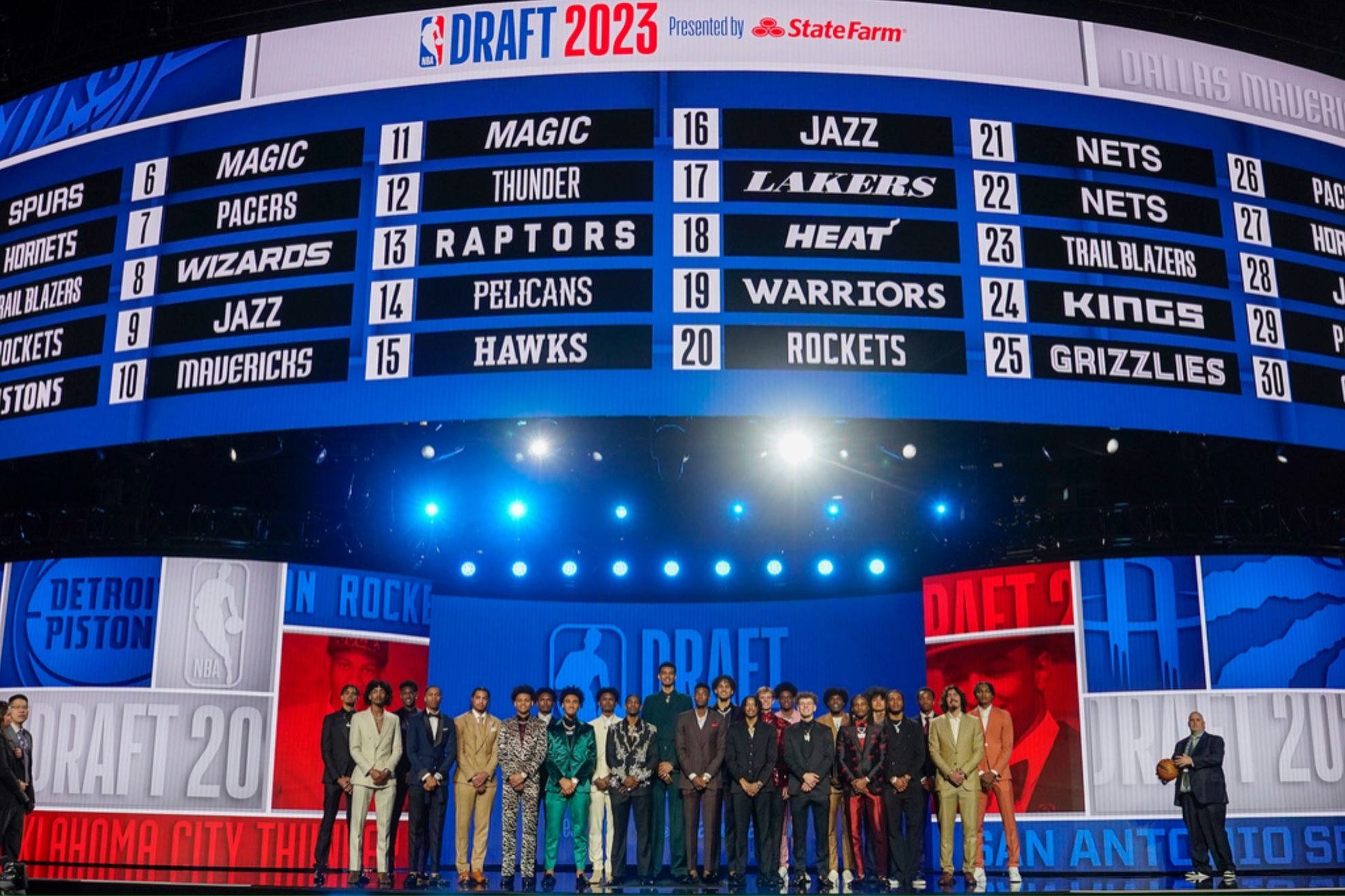 Potential first-round draft picks stand together for a photo at Barclays Center before the NBA 2023 Draft.