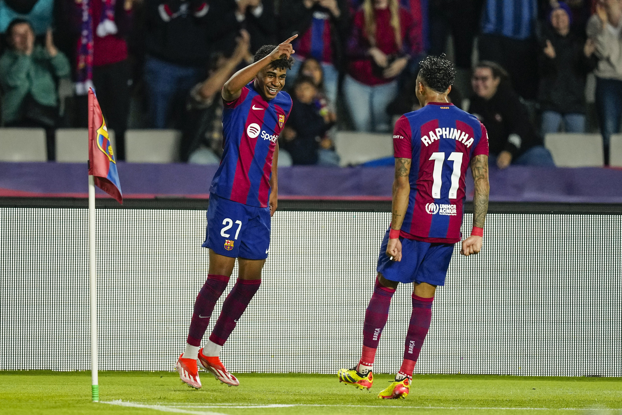 Lamine Yamal celebrates after putting Barcelona ahead