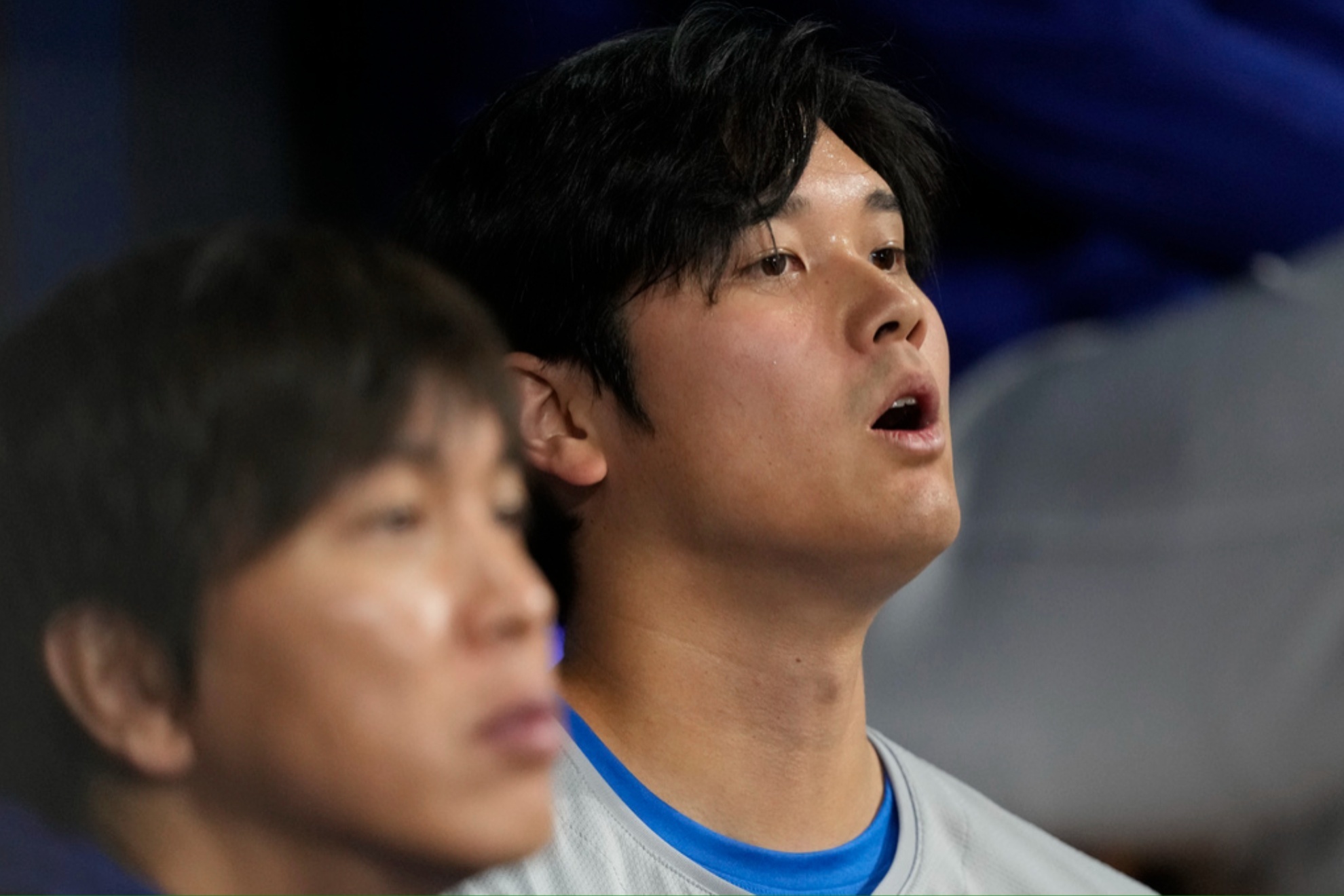 Shohei Ohtani (R) and Ippei Mizuhara during the game against the San Diego Padres this March 20.