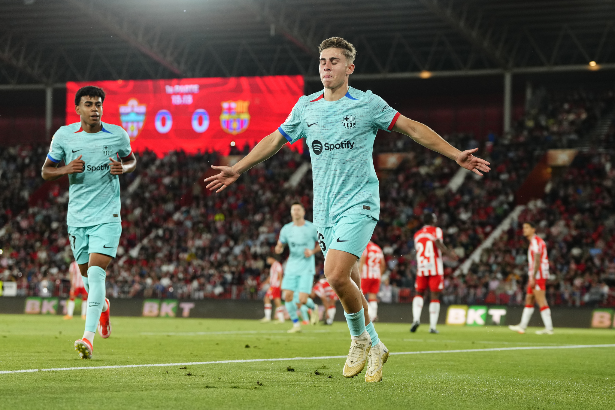 Barcelonas Fermin Lopez celebrates after scoring the opening goal