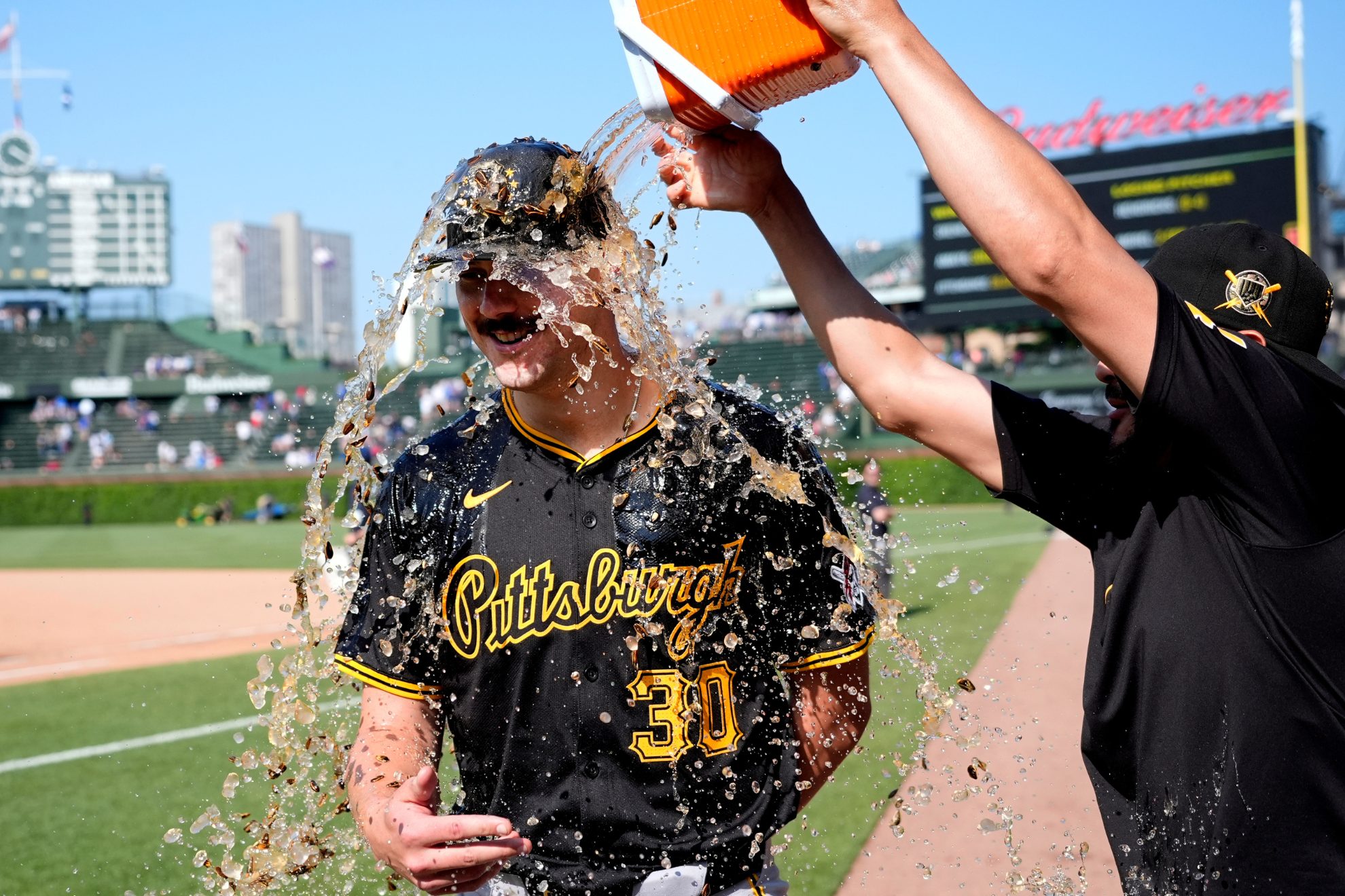 Paul Skenes gets a Gatorade shower after his amazing game vs. the Chicago Cubs.