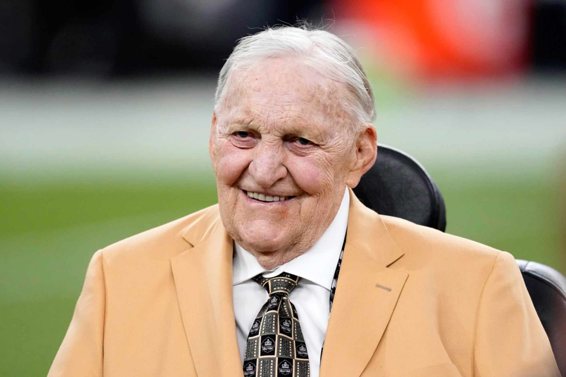 NFL Hall of Famer Jim Otto smiles prior to an NFL football game between the Las Vegas Raiders and the Pittsburgh Steelers /