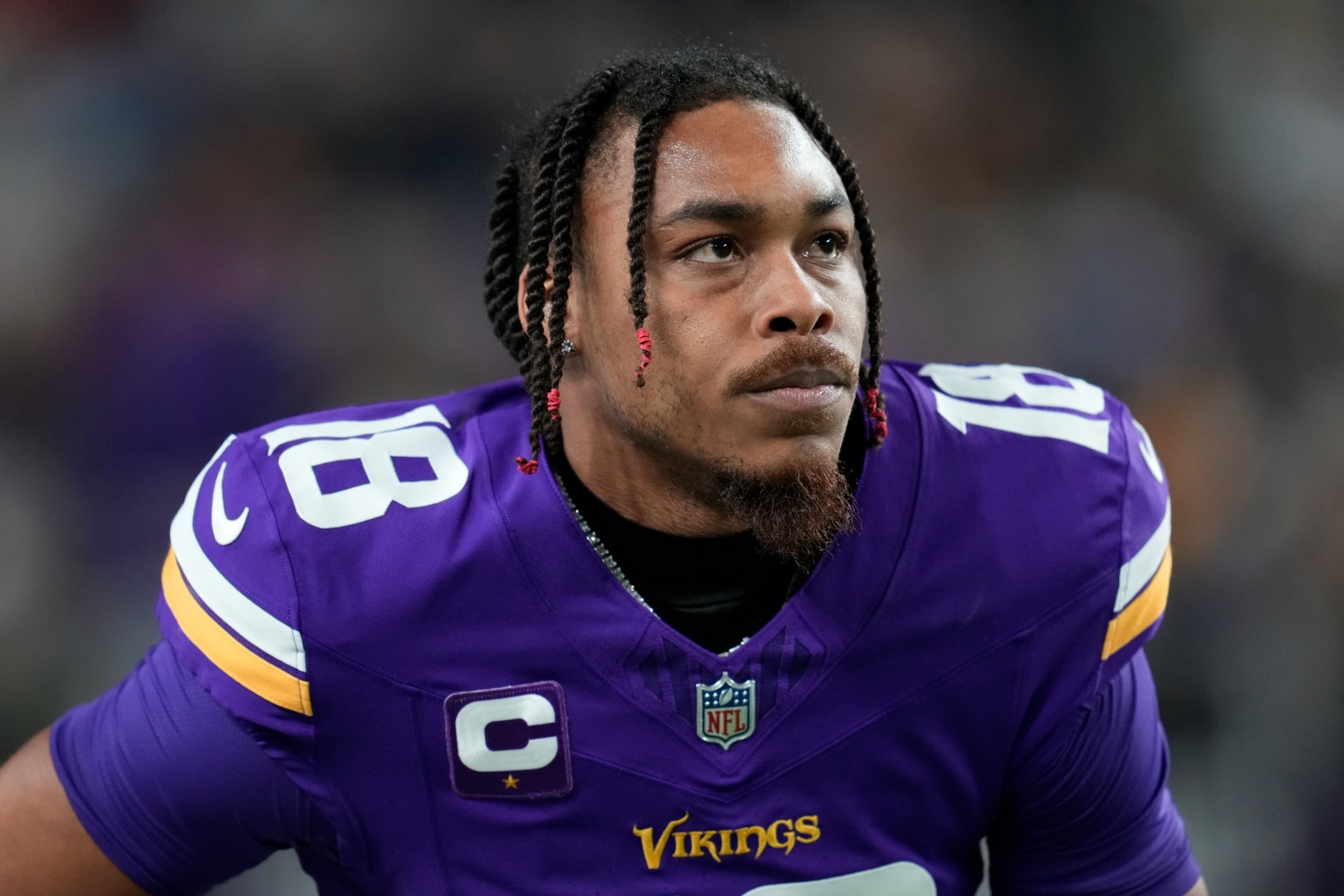 Minnesota Vikings Justin Jefferson warms up before an NFL football game against the Green Bay Packers Sunday, Dec. 31, 2023, in Minneapolis. (AP Photo/Abbie Parr)