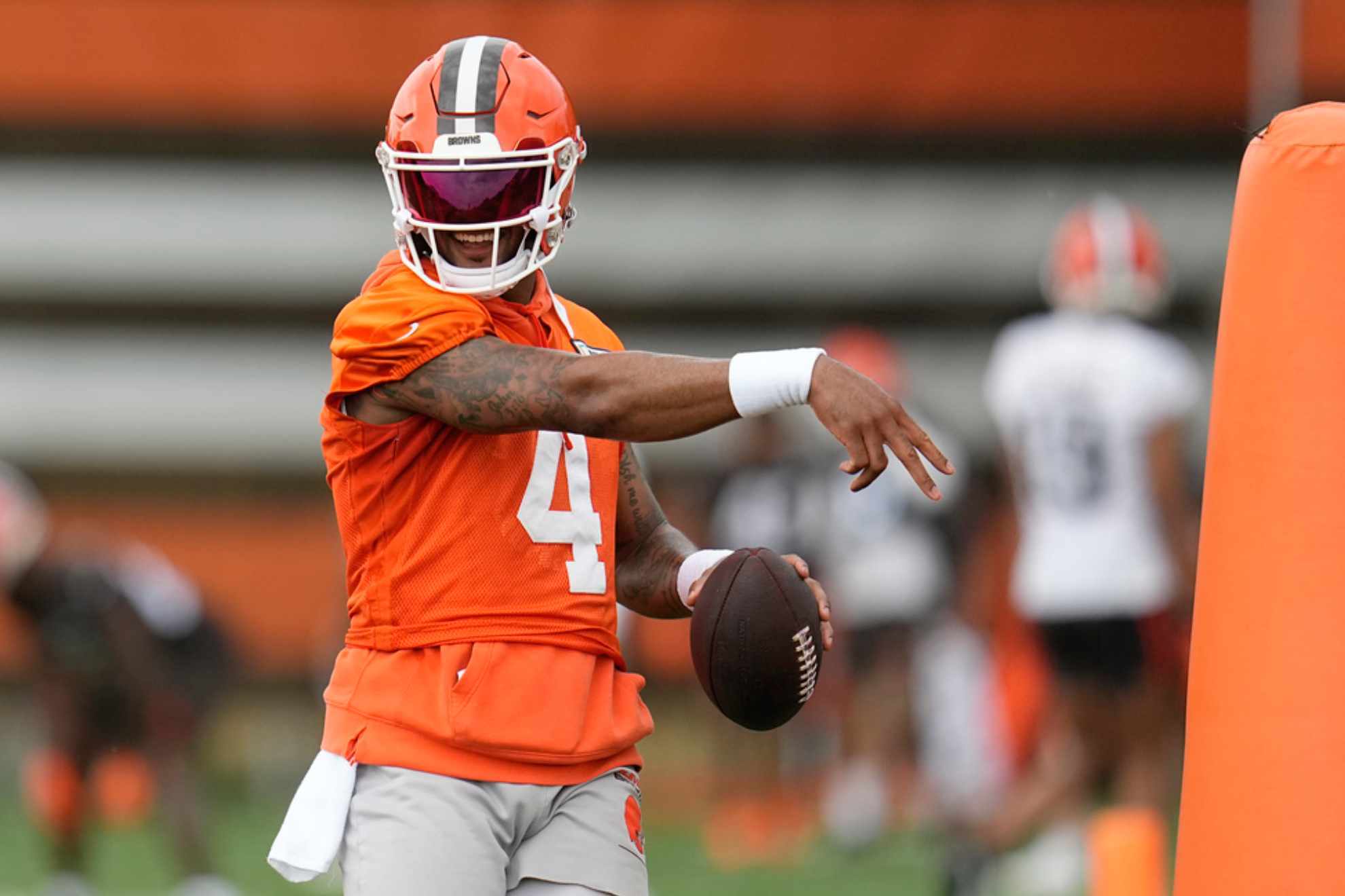 Deshaun Watson simulates throwing a pass during NFL football practice in Berea, Ohio /