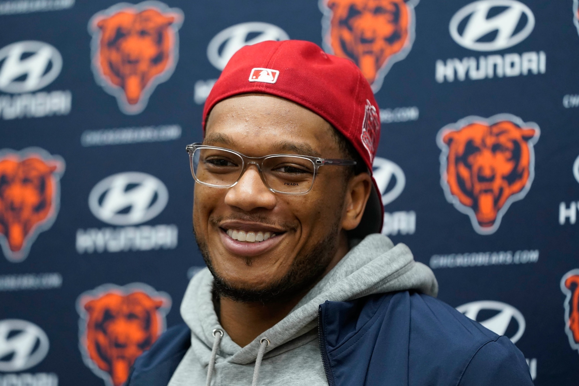 Chicago Bears wide receiver DJ Moore (2) speaking to members of the media of an NFL football game against Washington Commanders, Thursday, Oct. 5, 2023, in Landover, Md. Chicago won 40-20. (AP Photo/Alex Brandon)