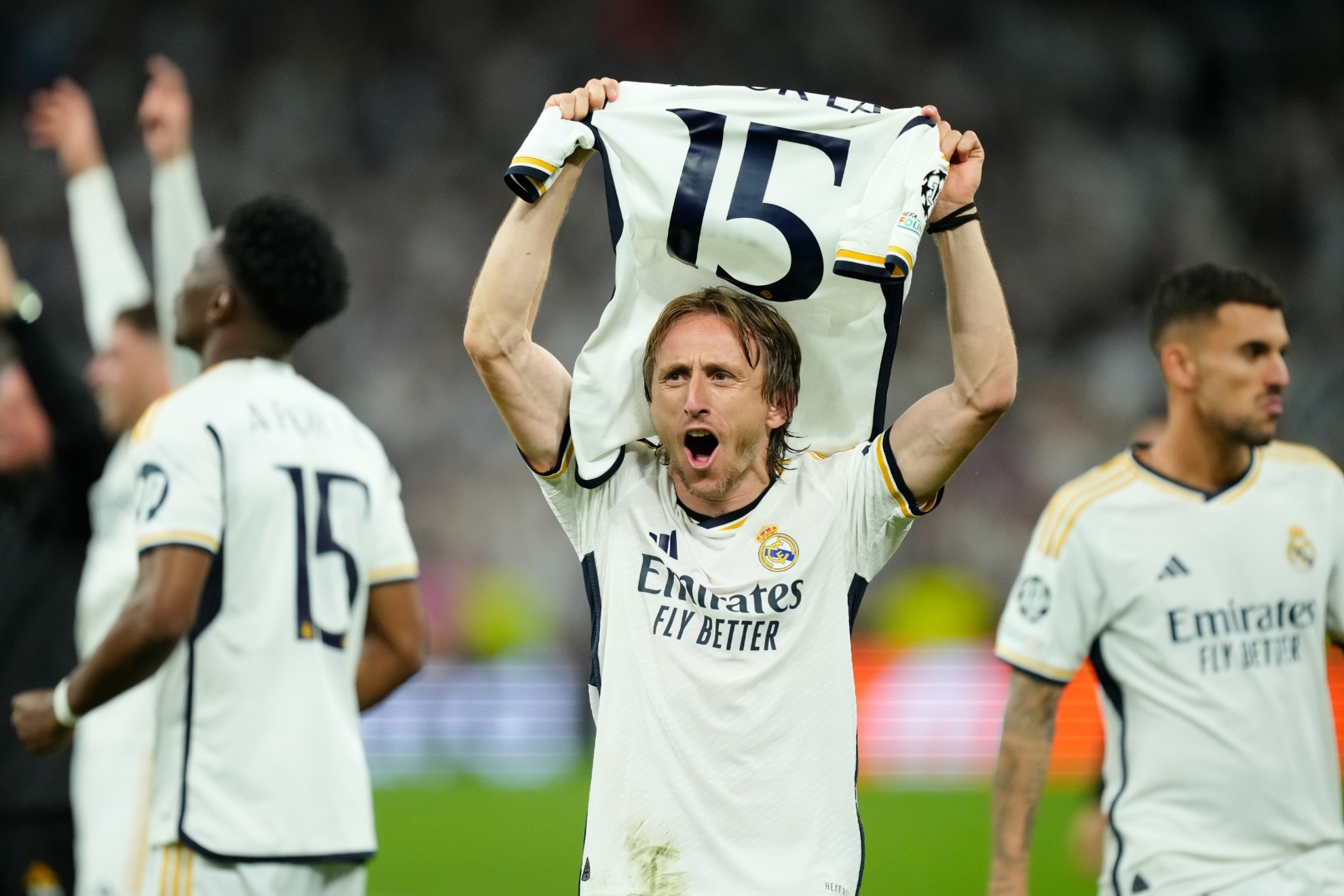 Real Madrids Luka Modric celebrates after winning the Champions League semifinal second leg soccer match between Real Madrid and Bayern Munich at the Santiago Bernabeu stadium in Madrid, Spain, Wednesday, May 8, 2024. Real Madrid won 2-1. (AP Photo/Jose Breton)