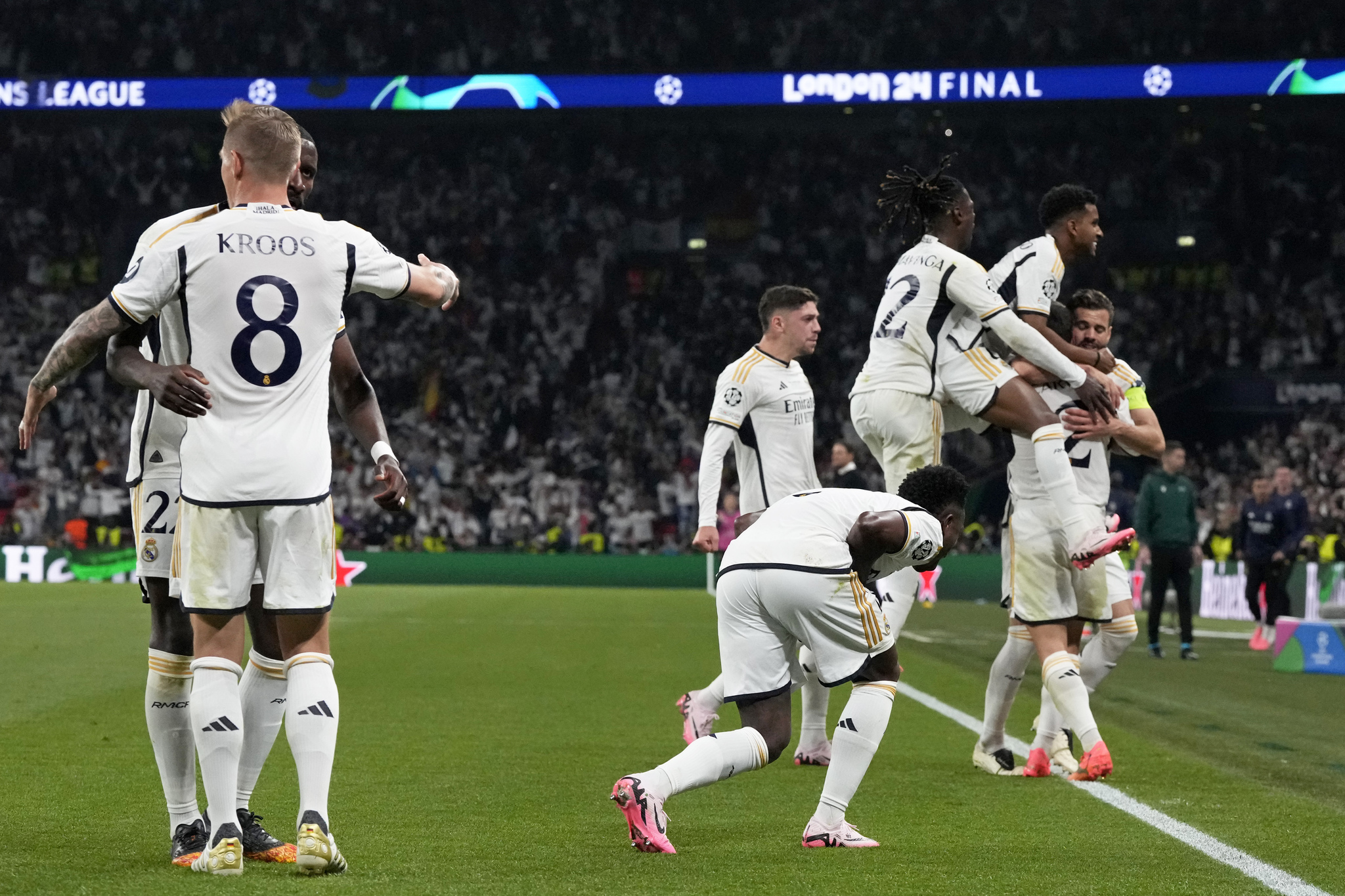 Real Madrid players celebrate after Dani Carvajal scored the opening goal