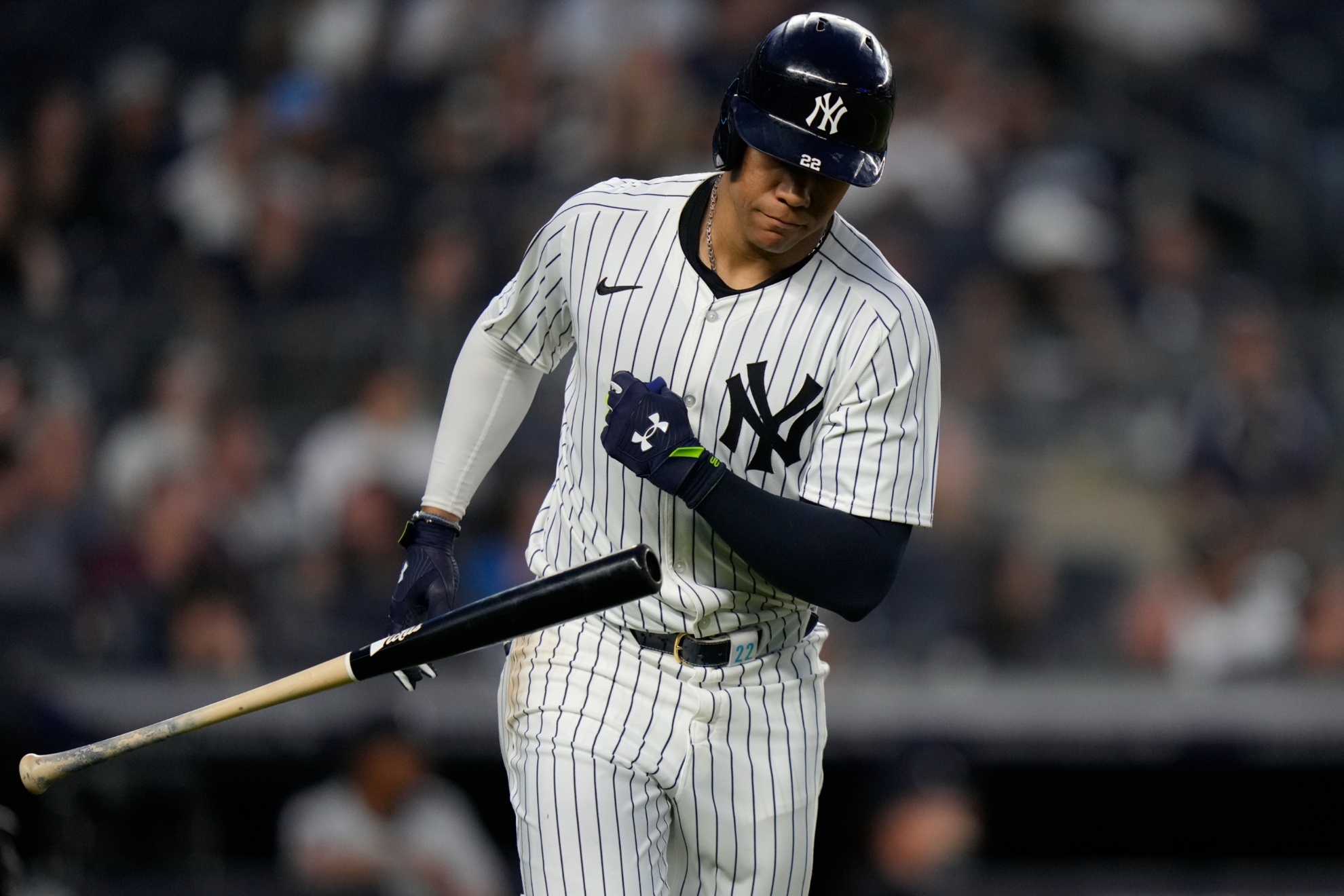 New York Yankees Juan Soto during the fourth inning of a baseball game against the Minnesota Twins, Thursday, June 6, 2024, in New York. (AP Photo/Frank Franklin II)