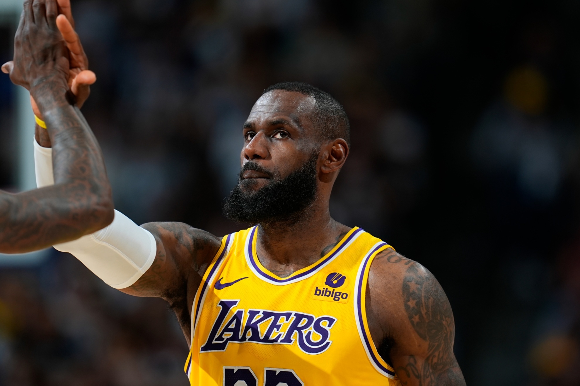 Los Angeles Lakers forward LeBron James (23) in the second half of Game 5 of an NBA basketball first-round playoff series Monday, April 29, 2024, in Denver. (AP Photo/David Zalubowski)