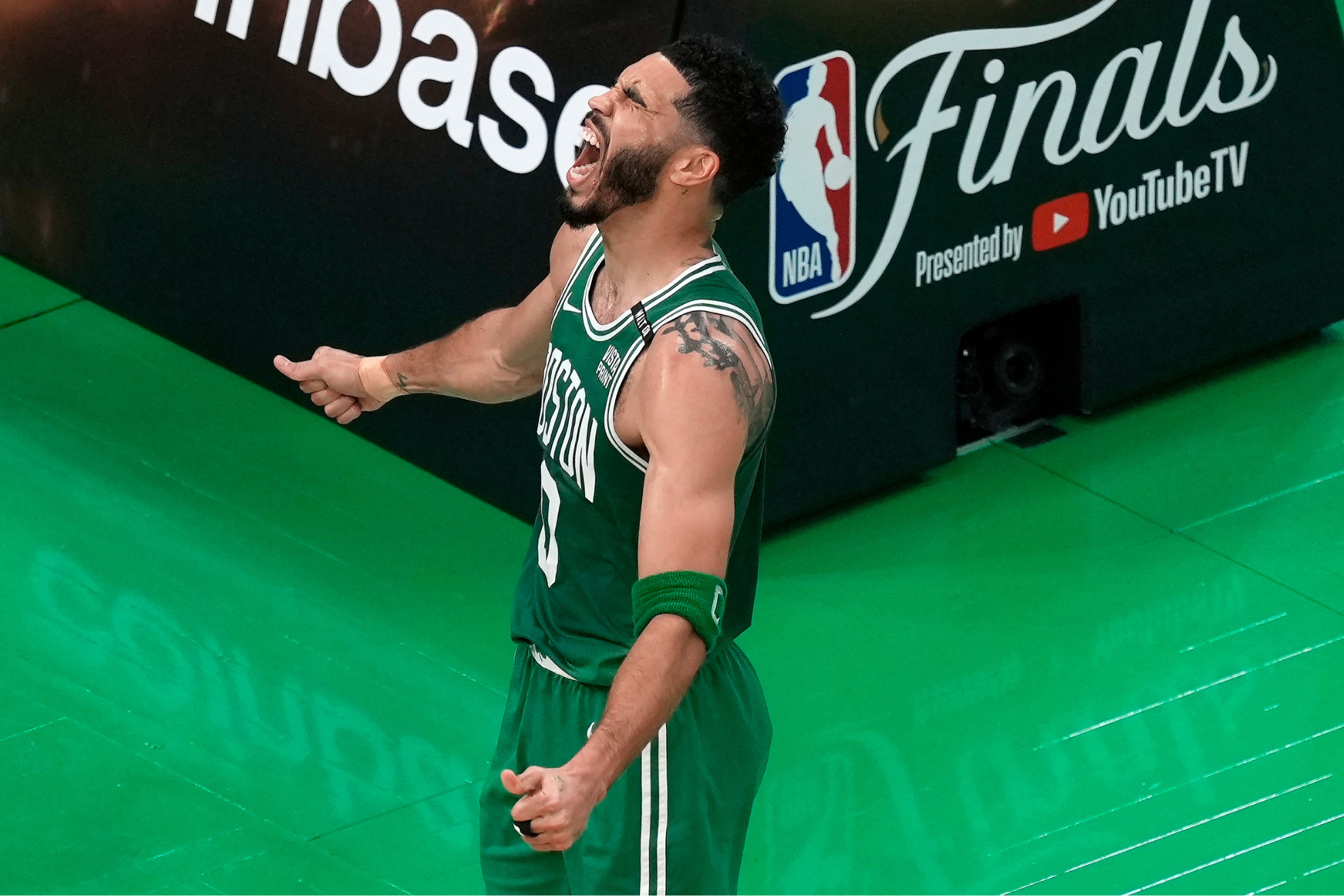 Jayson Tatum celebrates during the Boston Celtics title-clinching win.