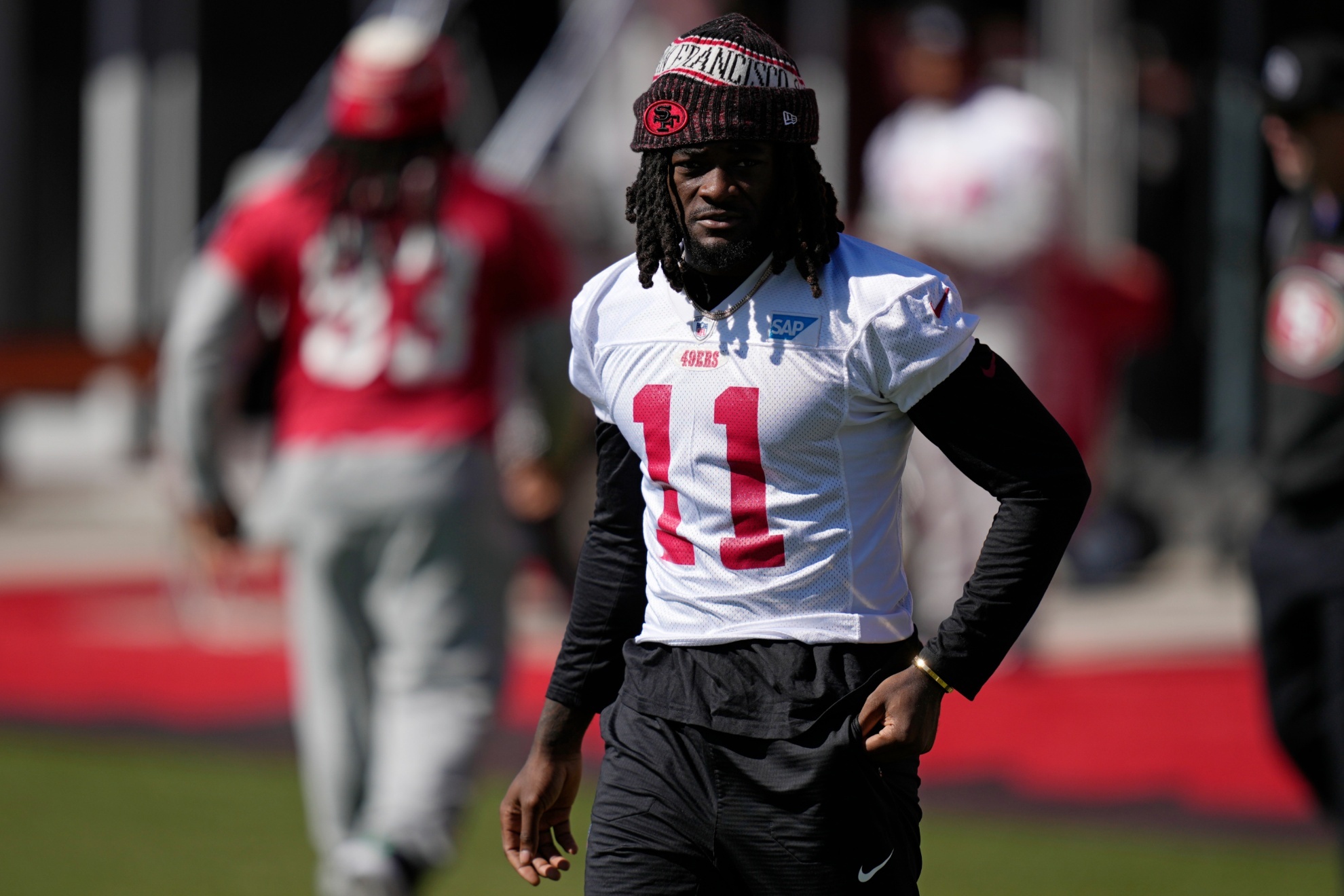 San Francisco 49ers wide receiver Brandon Aiyuk (11) warms up during a practice ahead of the Super Bowl 58 NFL football game Saturday, Feb. 10, 2024, in Las Vegas. (AP Photo/John Locher)