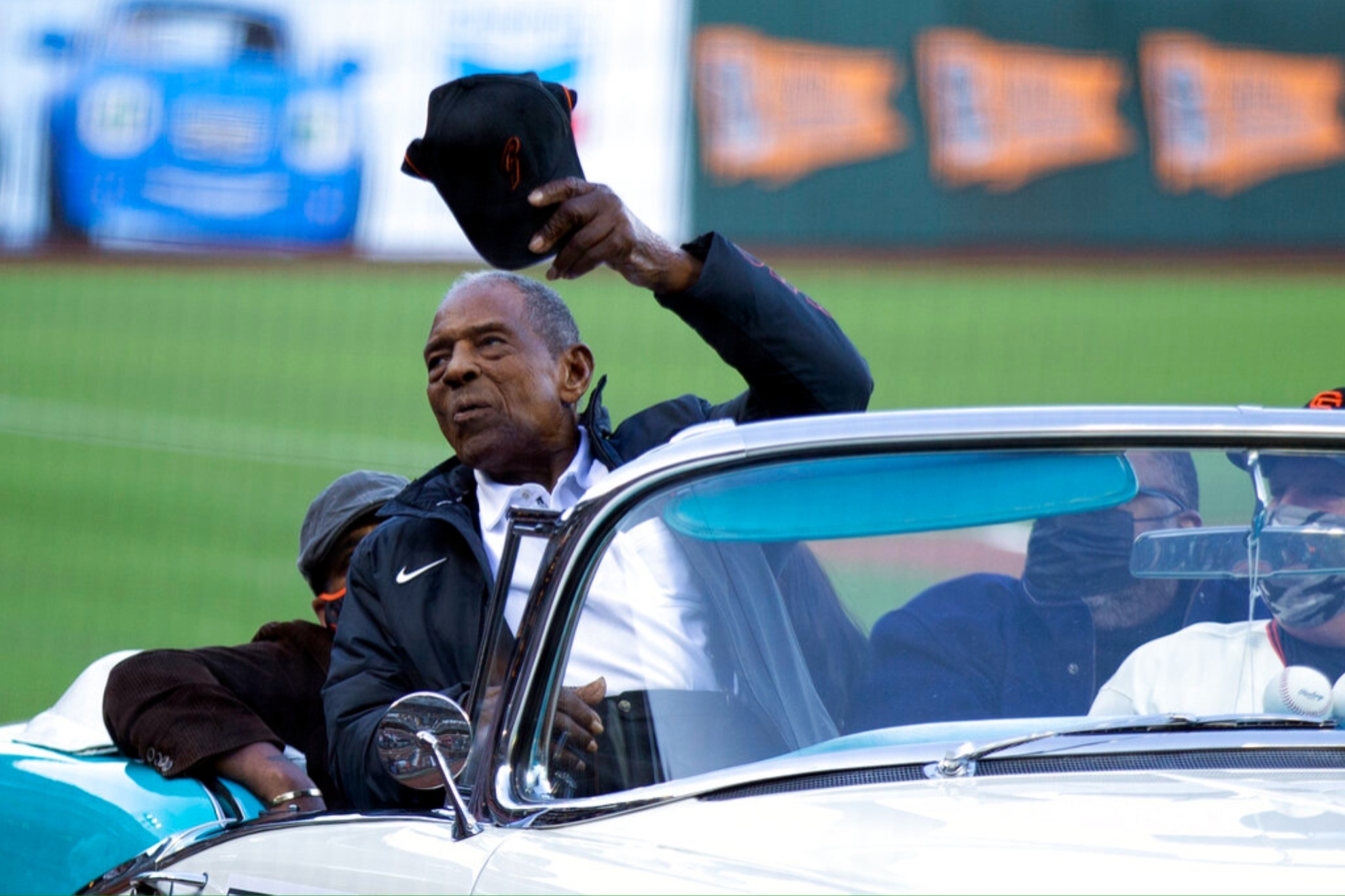 Willie Mays waves to the crowd as the San Francisco Giants celebrated his 90th birthday