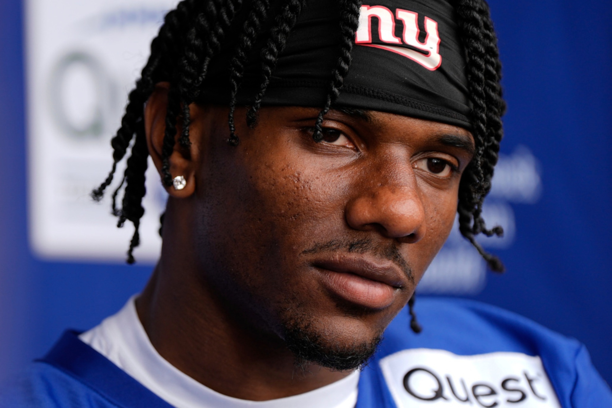 Malik Nabers talks to the press after the New York Giants OTAs