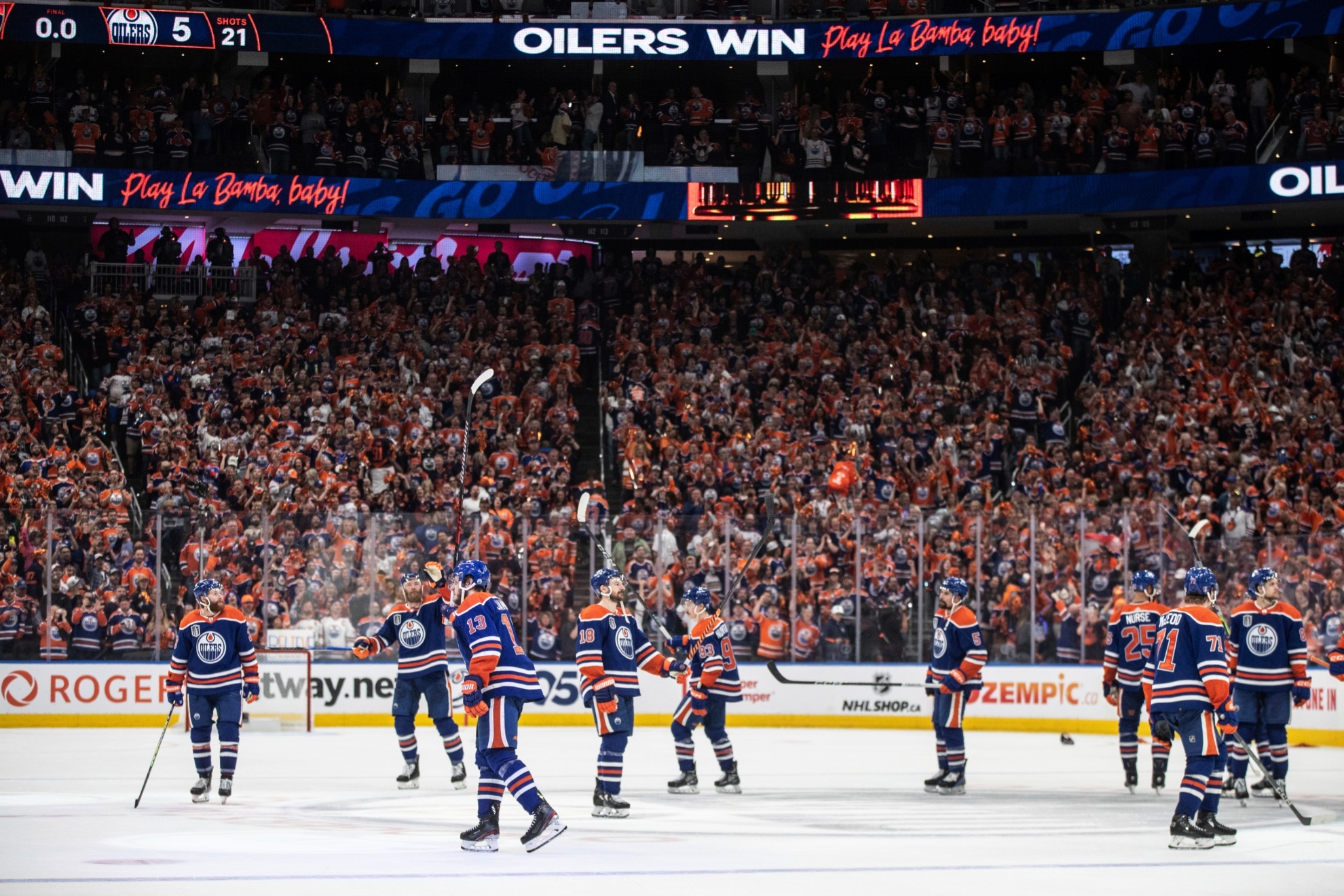 Edmonton Oilers celebrate a win over the Florida Panthers in Game 6 of the NHL hockey Stanley Cup Final, Friday, June 21, 2024, in Edmonton, Alberta. The Oilers won 5-1 to tie the series. (Jason Franson/The Canadian Press via AP)