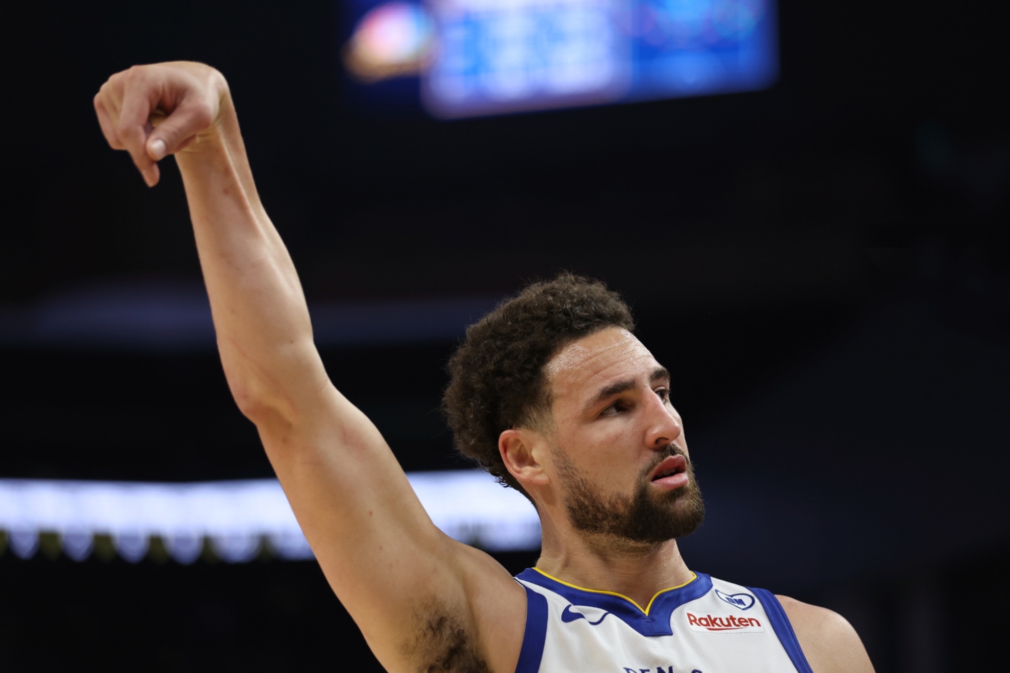 Golden State Warriors guard Klay Thompson reacts after making a three-point basket against the Utah Jazz during the first half of an NBA basketball game in San Francisco, Sunday, April 14, 2024. (AP Photo/Jed Jacobsohn)