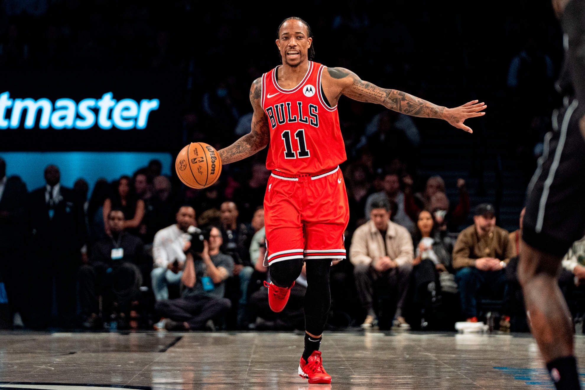 Chicago Bulls DeMar DeRozan (11) dribbles the ball during the first half of an NBA basketball game against the Brooklyn Nets in New York, Friday, March 29, 2024. (AP Photo/Peter K. Afriyie)