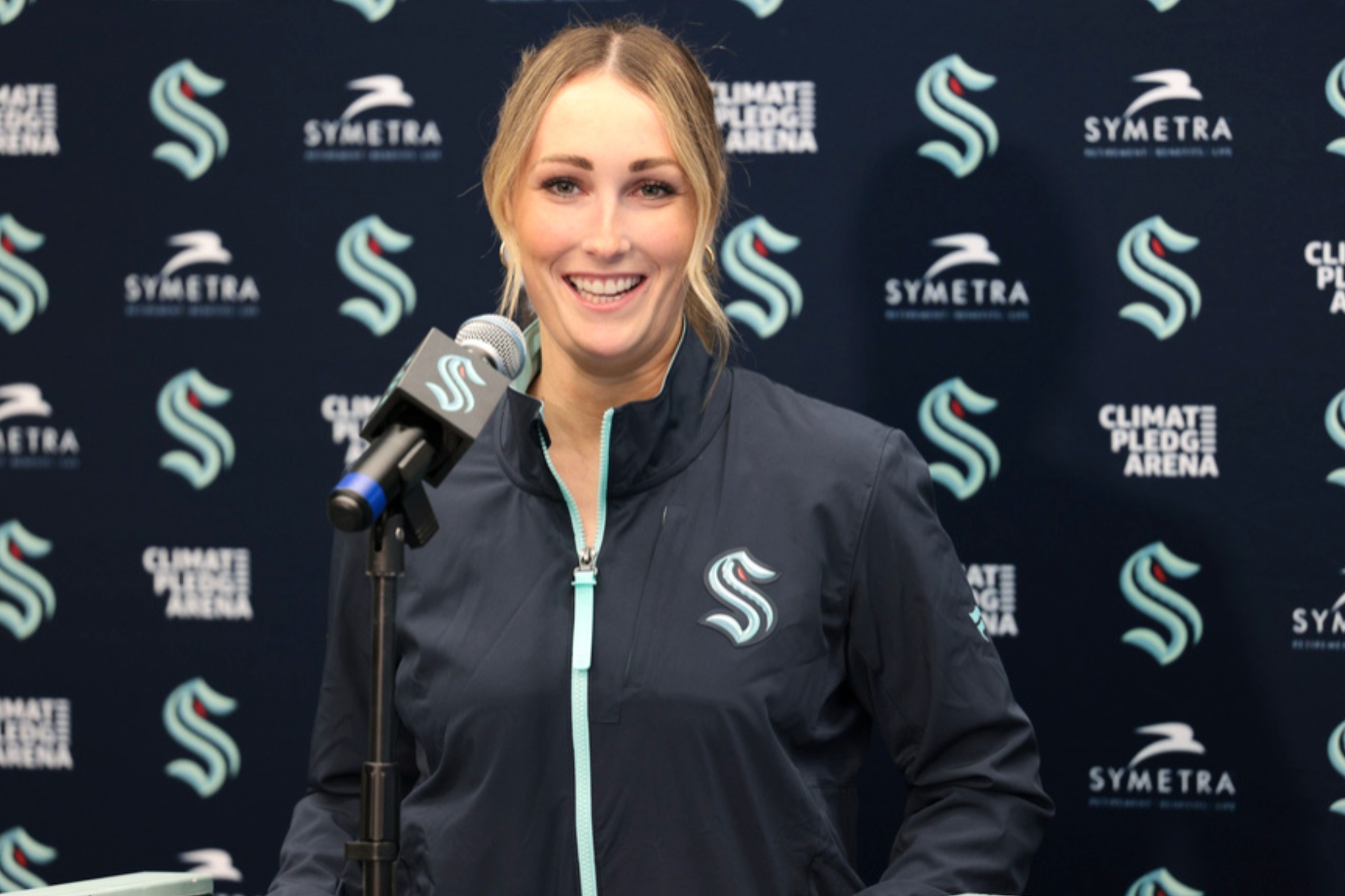 Seattle Krakens Jessica Campbell speaks during an NHL hockey press conference