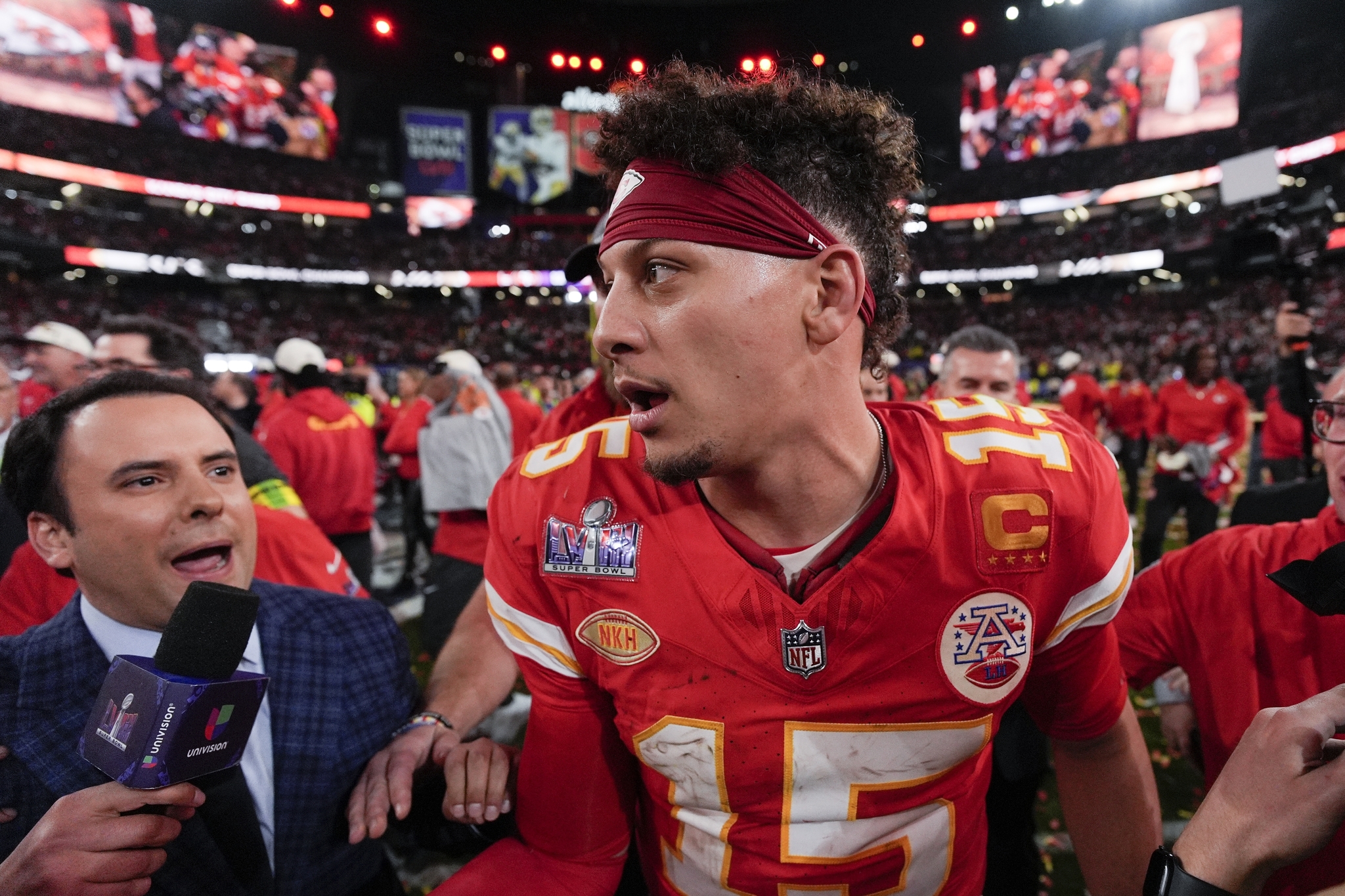 Kansas City Chiefs quarterback Patrick Mahomes (15) walks the field after the NFL Super Bowl 58 football game against the San Francisco 49ers