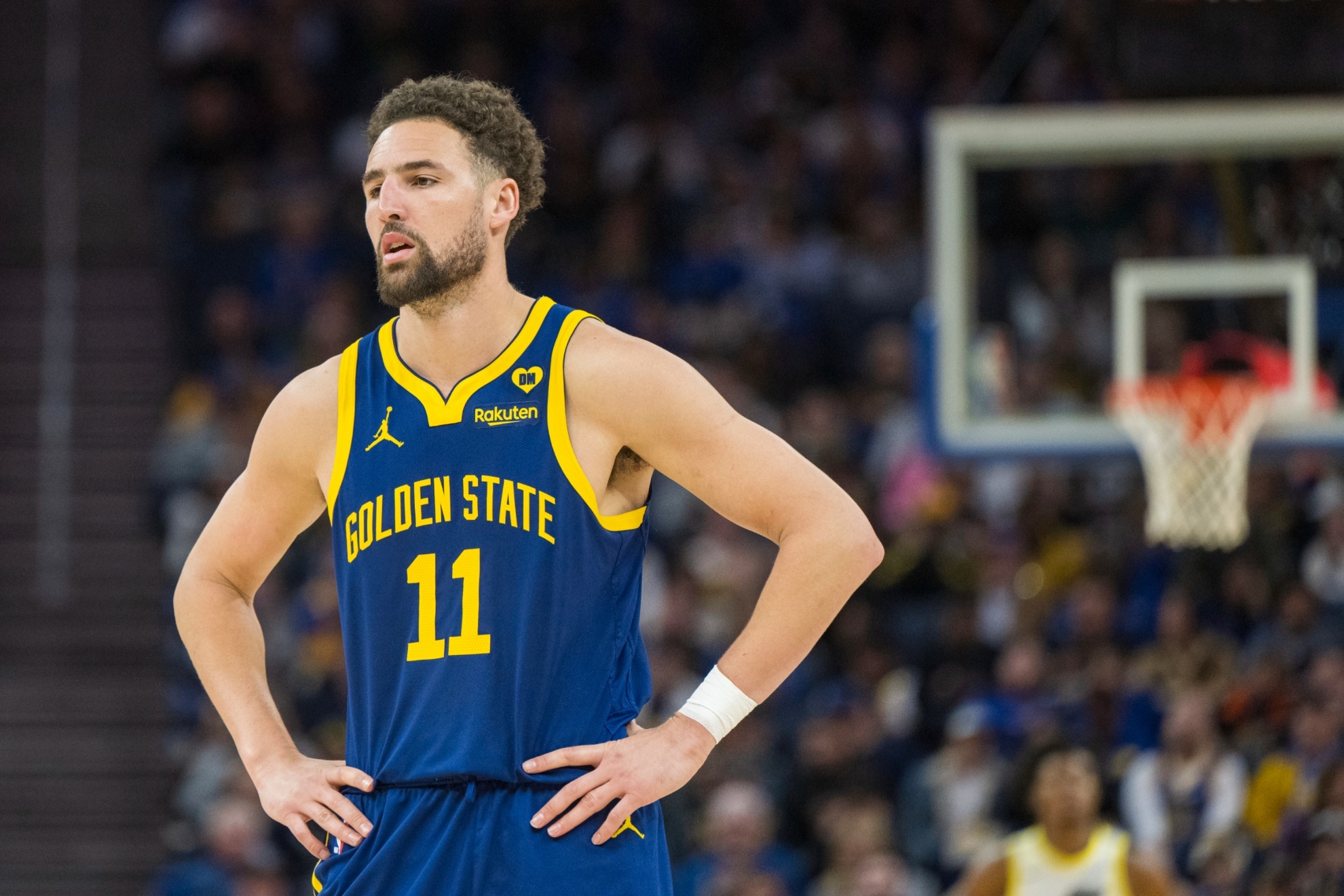 Golden State Warriors guard Klay Thompson reacts during the second half of an NBA basketball game against the Utah Jazz, Sunday, April 7, 2024, in San Francisco. (AP Photo/Nic Coury)