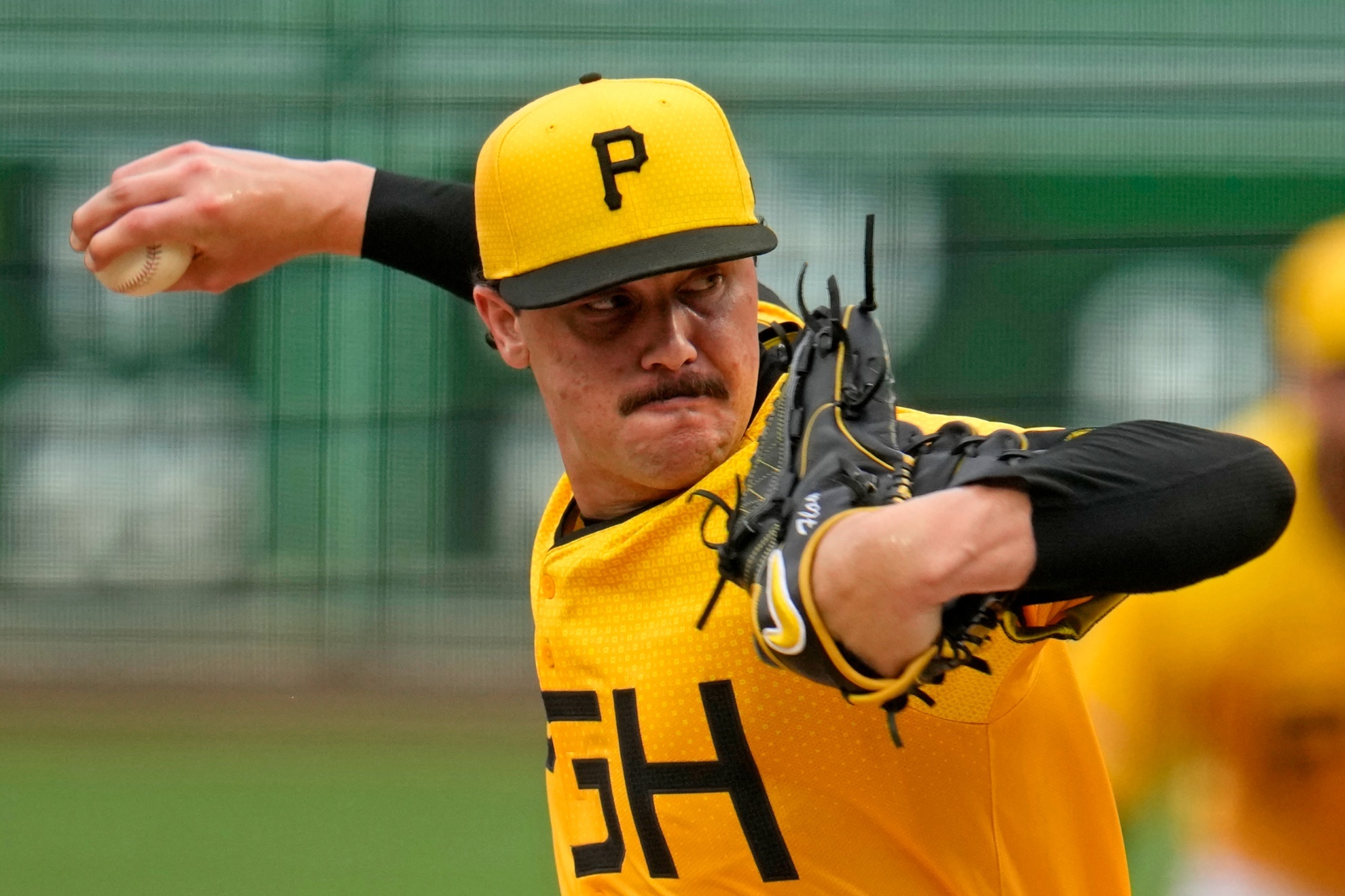 Pittsburgh Pirates starting pitcher Paul Skenes delivers during the second inning of a baseball game against the New York Mets in Pittsburgh, Friday, July 5, 2024. (AP Photo/Gene J. Puskar)