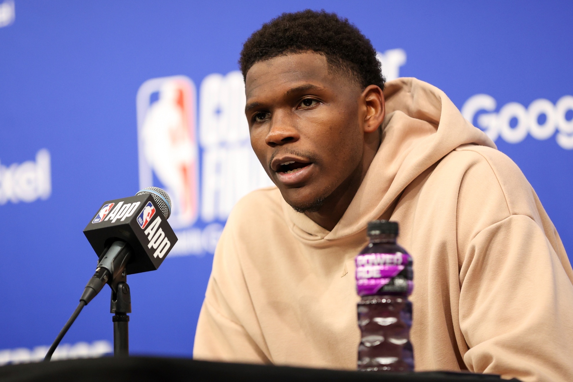 Minnesota Timberwolves guard Anthony Edwards answers questions during a news conference after the teams loss to the Dallas Mavericks in Game 5 of the NBA basketball Western Conference finals Thursday, May 30, 2024, in Minneapolis. (AP Photo/Matt Krohn)