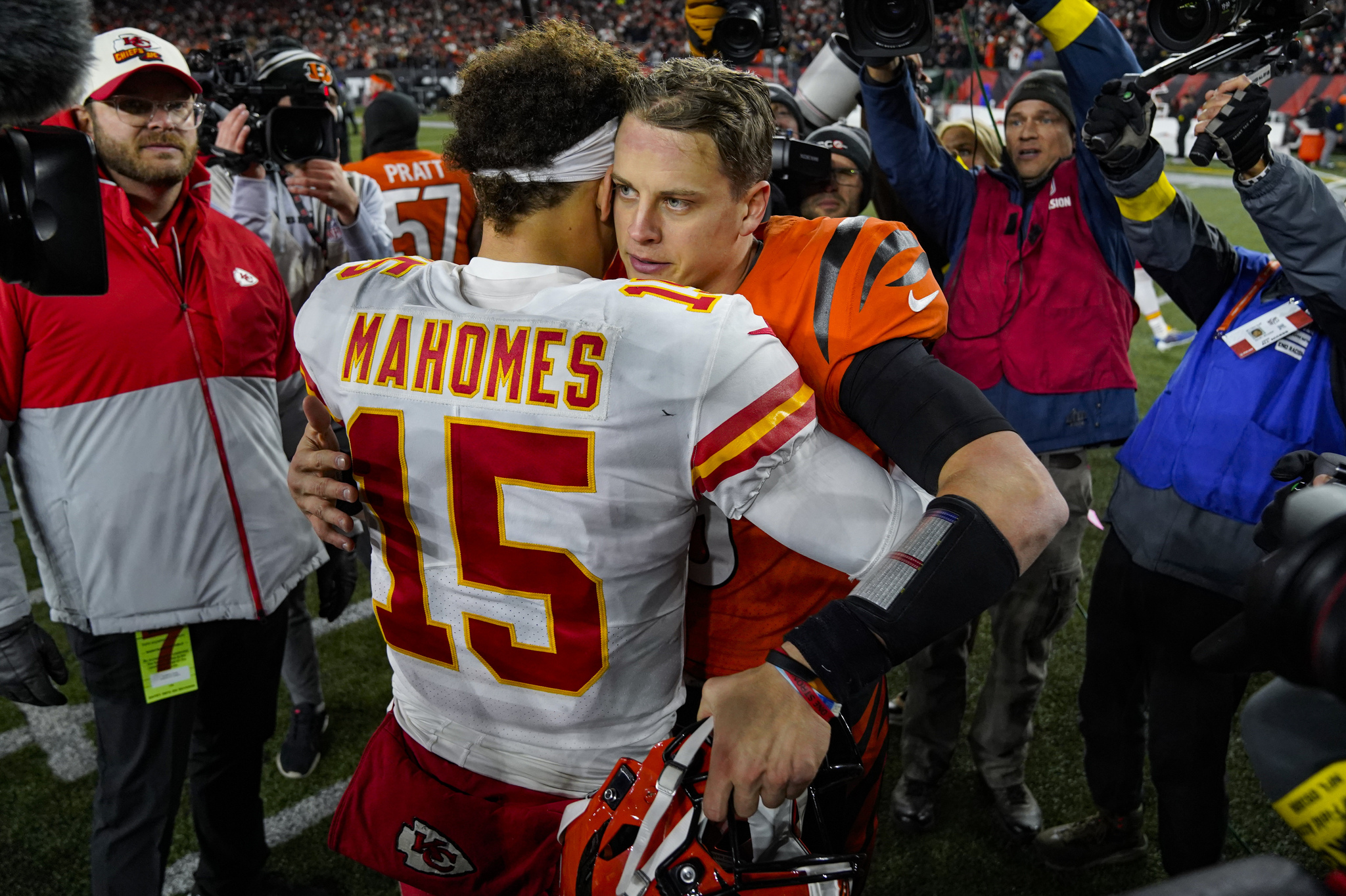 Cincinnati Bengals quarterback Joe Burrow (9) meets with Kansas City Chiefs quarterback Patrick Mahomes (15) following an NFL football game