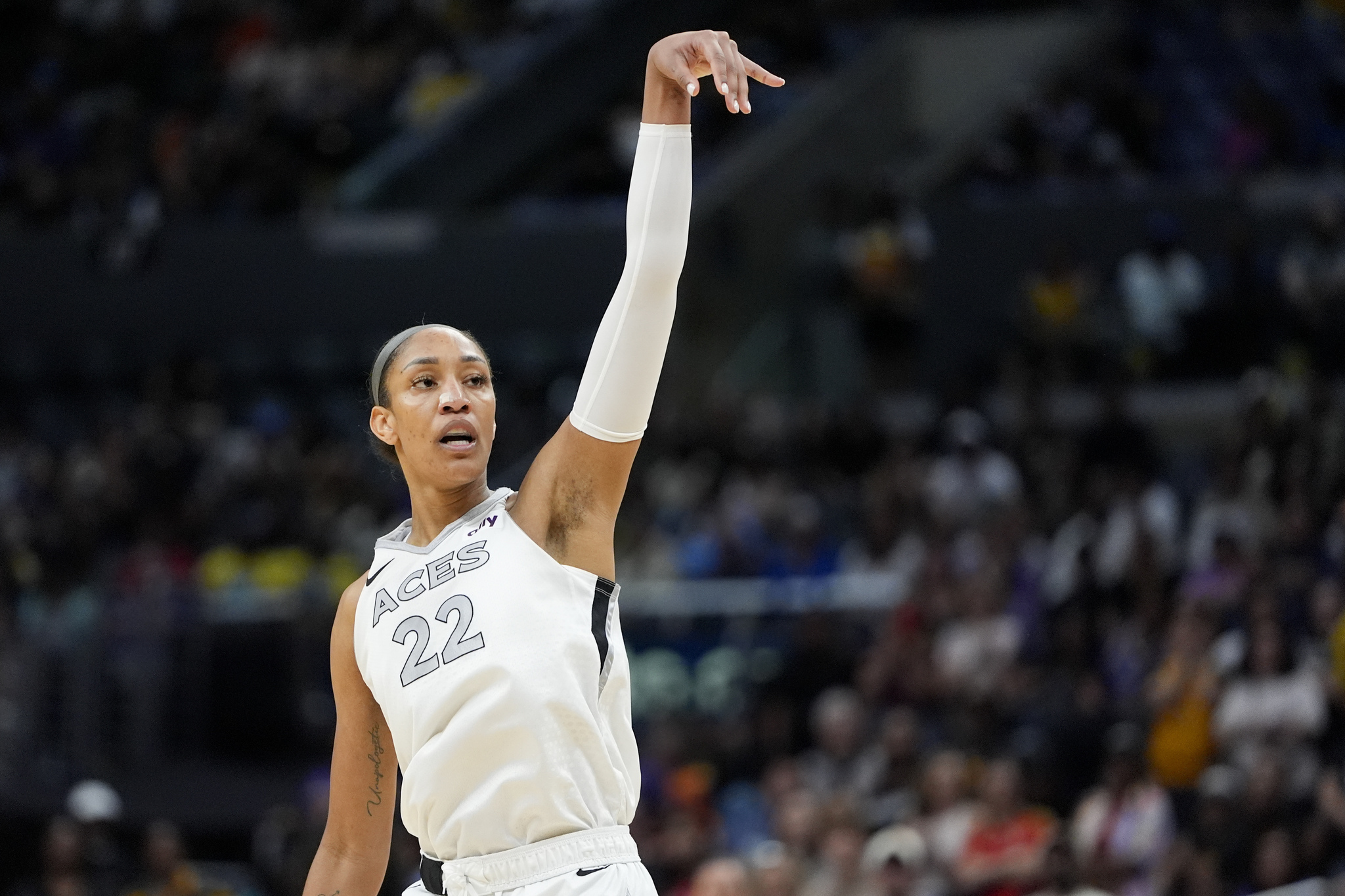 Las Vegas Aces center Aja Wilson watches her shot during the second half of a WNBA basketball game against the Los Angeles Sparks,