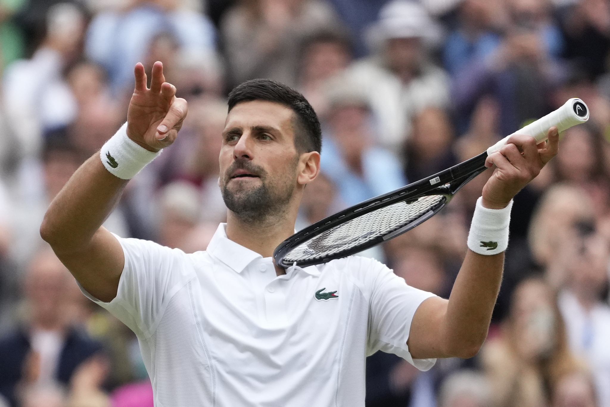 Novak Djokovic tras vencer a Lorenzo Musetti en la segunda semifinal de Wimbledon y certificar su pase a la gran final, donde le espera Carlos Alcaraz