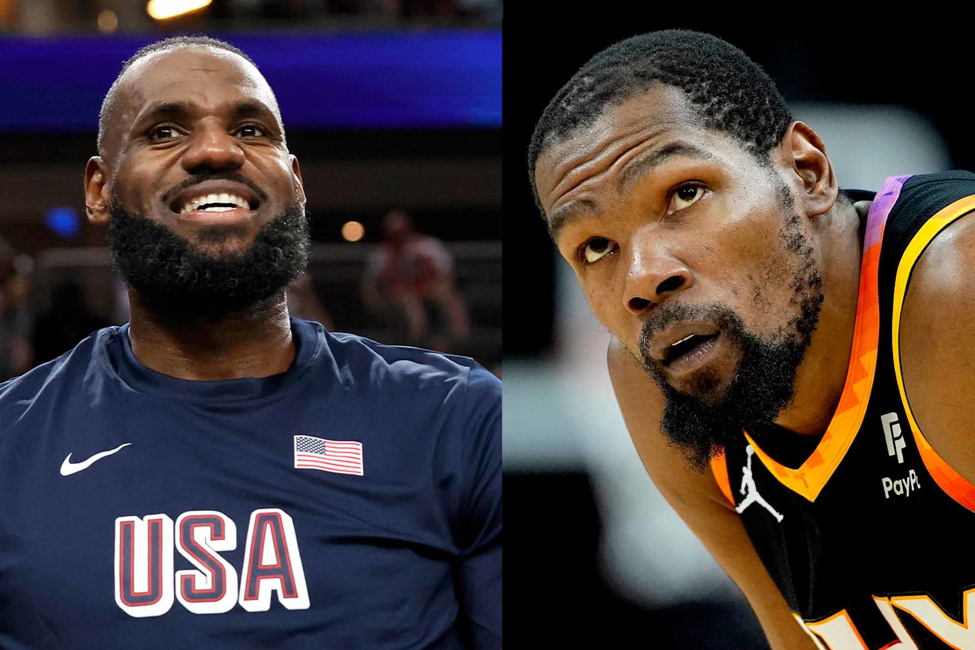 LeBron James gives an order to Kevin Durant in front of Team USA and reporters