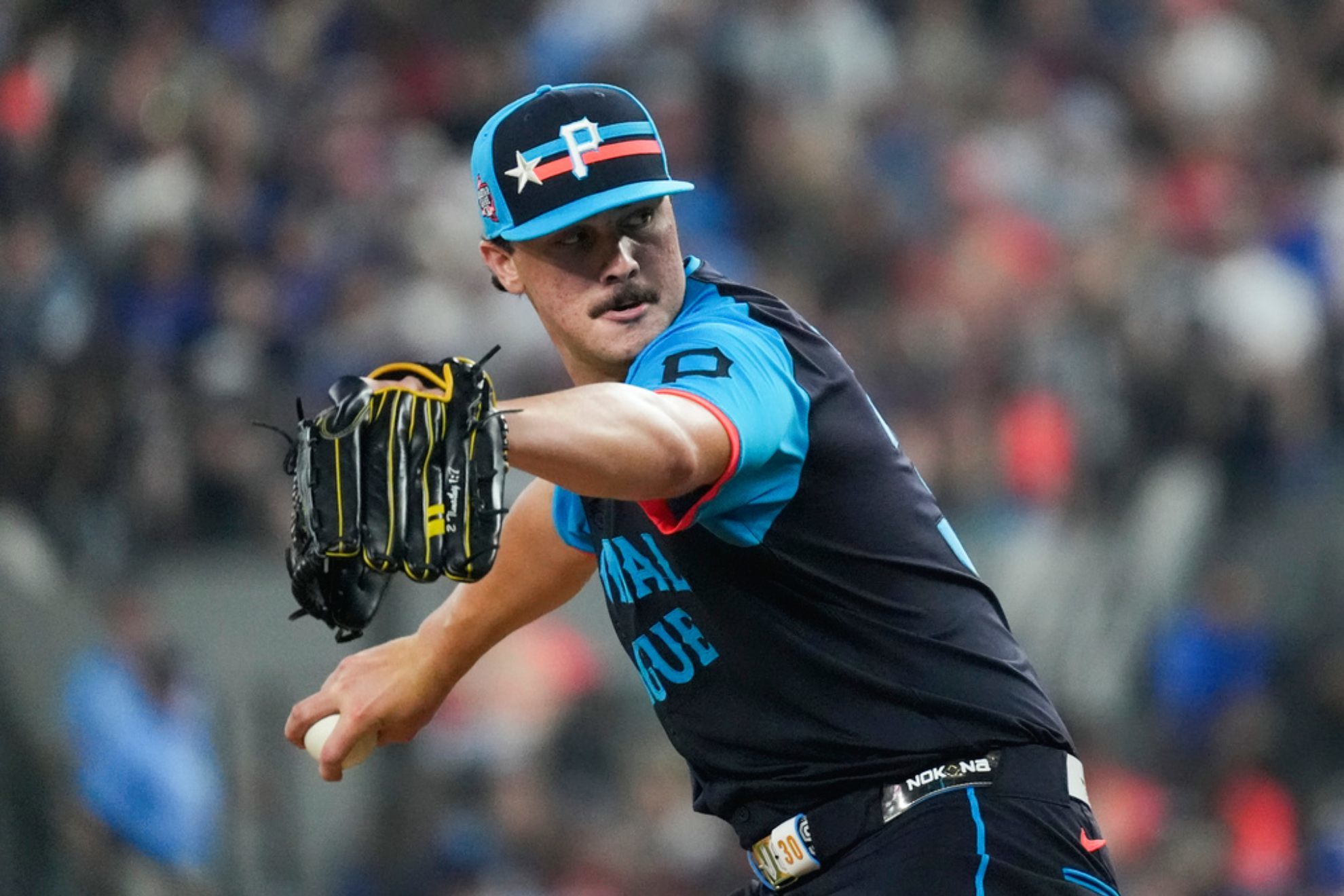 Paul Skenes, of the Pittsburgh Pirates, throws during the first inning of the MLB All-Star baseball game