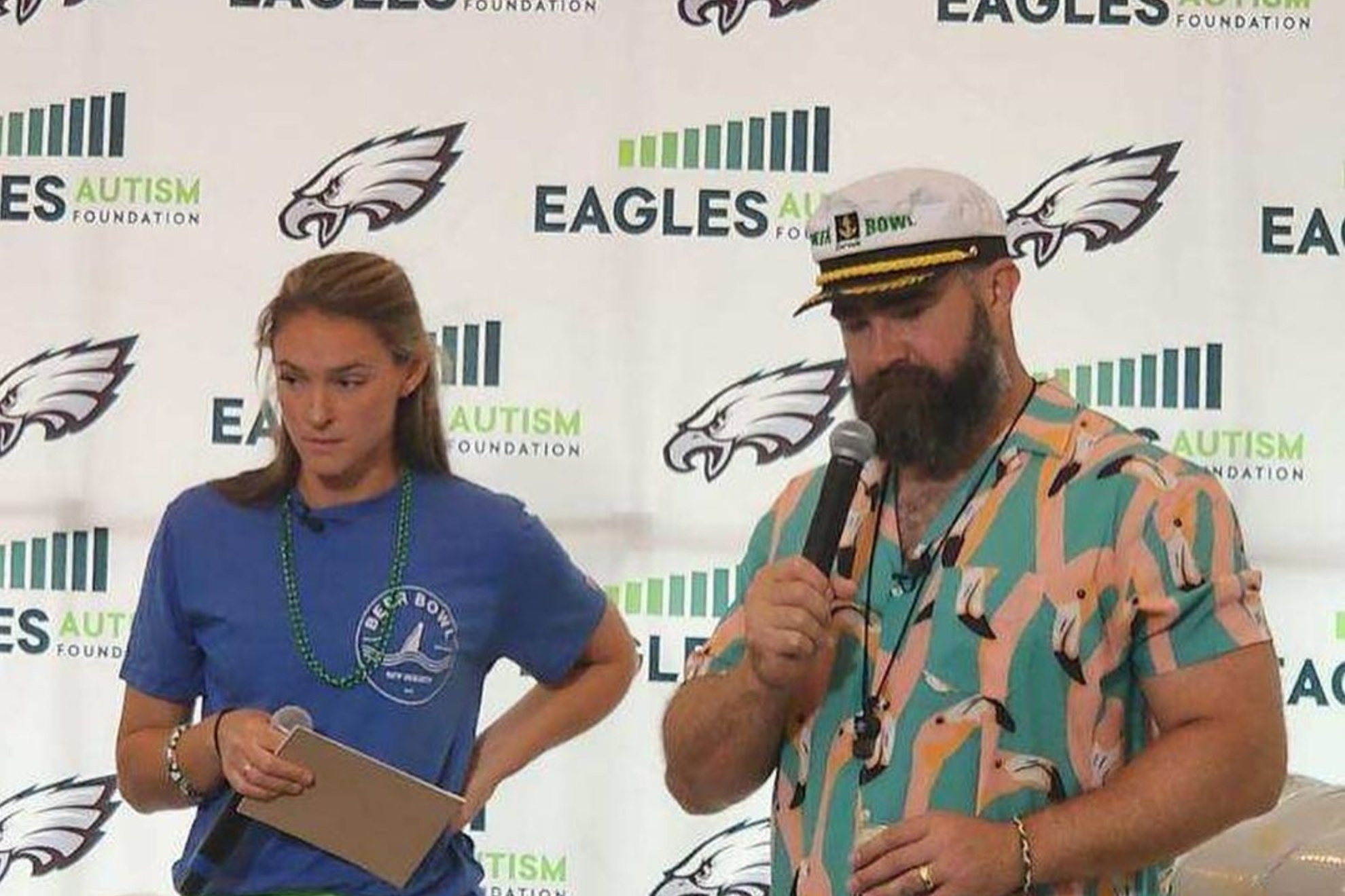 Kylie and Jason Kelce during a fundraising event for the Eagles Autism Foundation