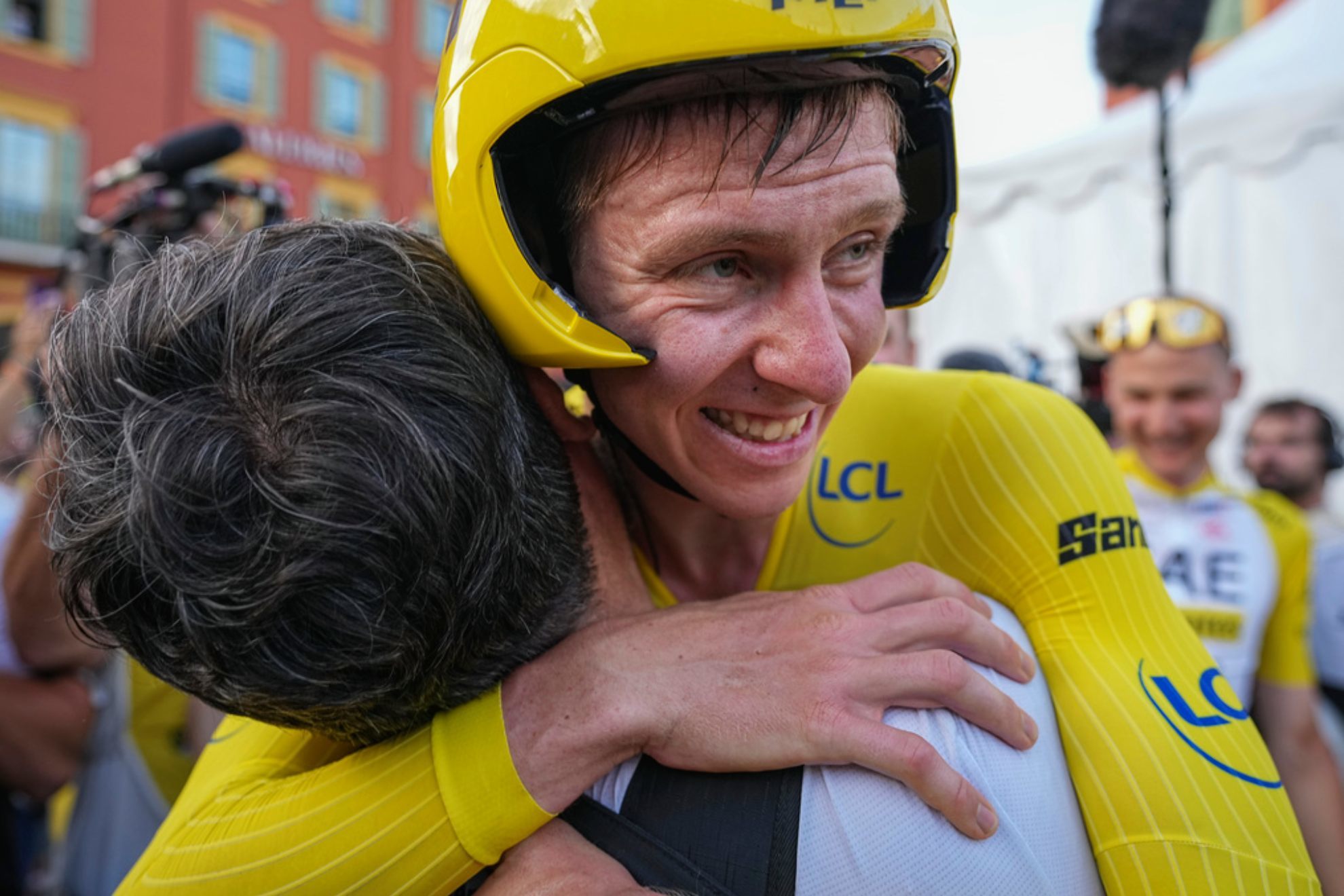 Tours de France winner Slovenias Tadej Pogacar celebrates after the twenty-first stage of the Tour de France /