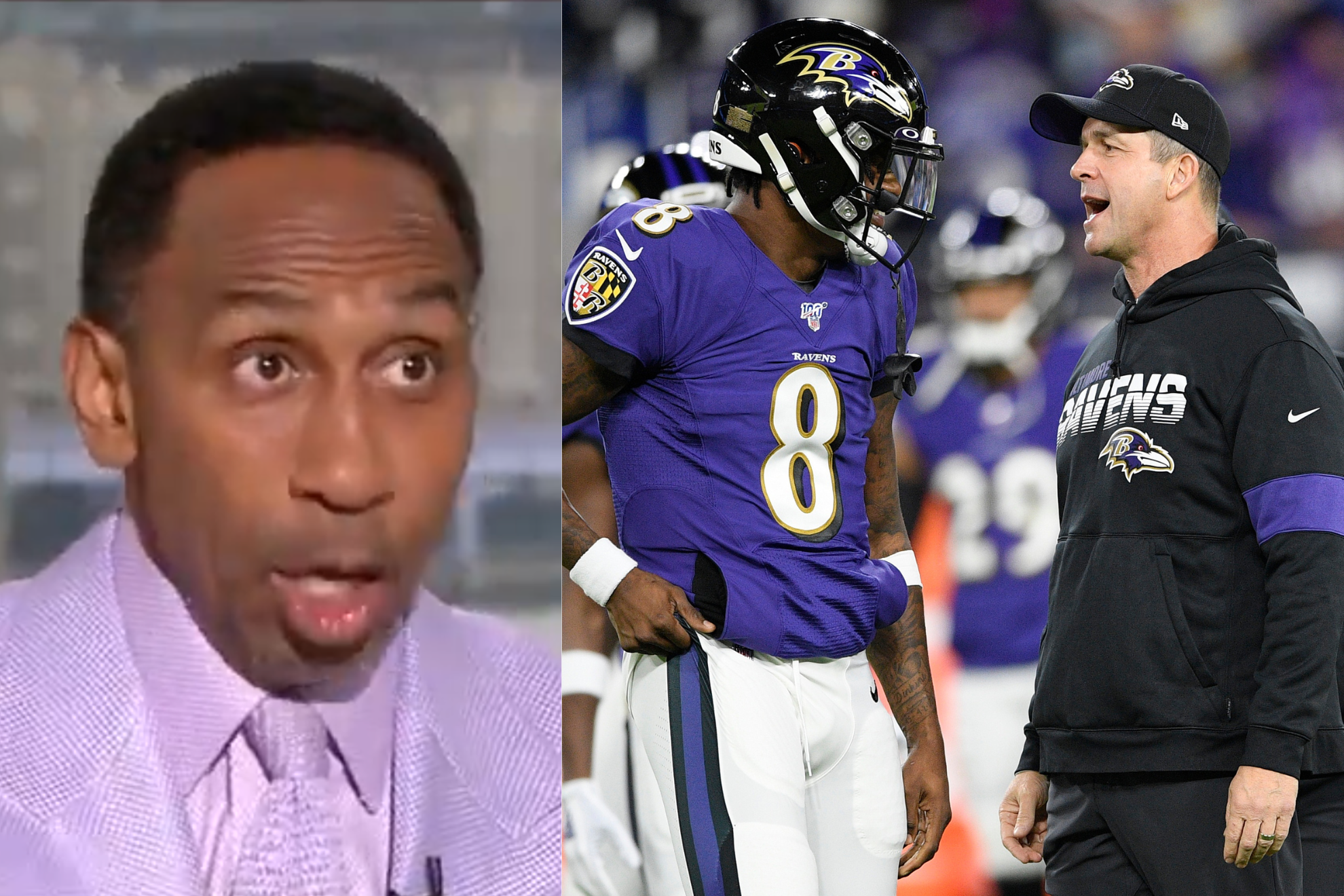 Stephen A. Smith (left), Lamar Jackson (center) and John Harbaugh (right).