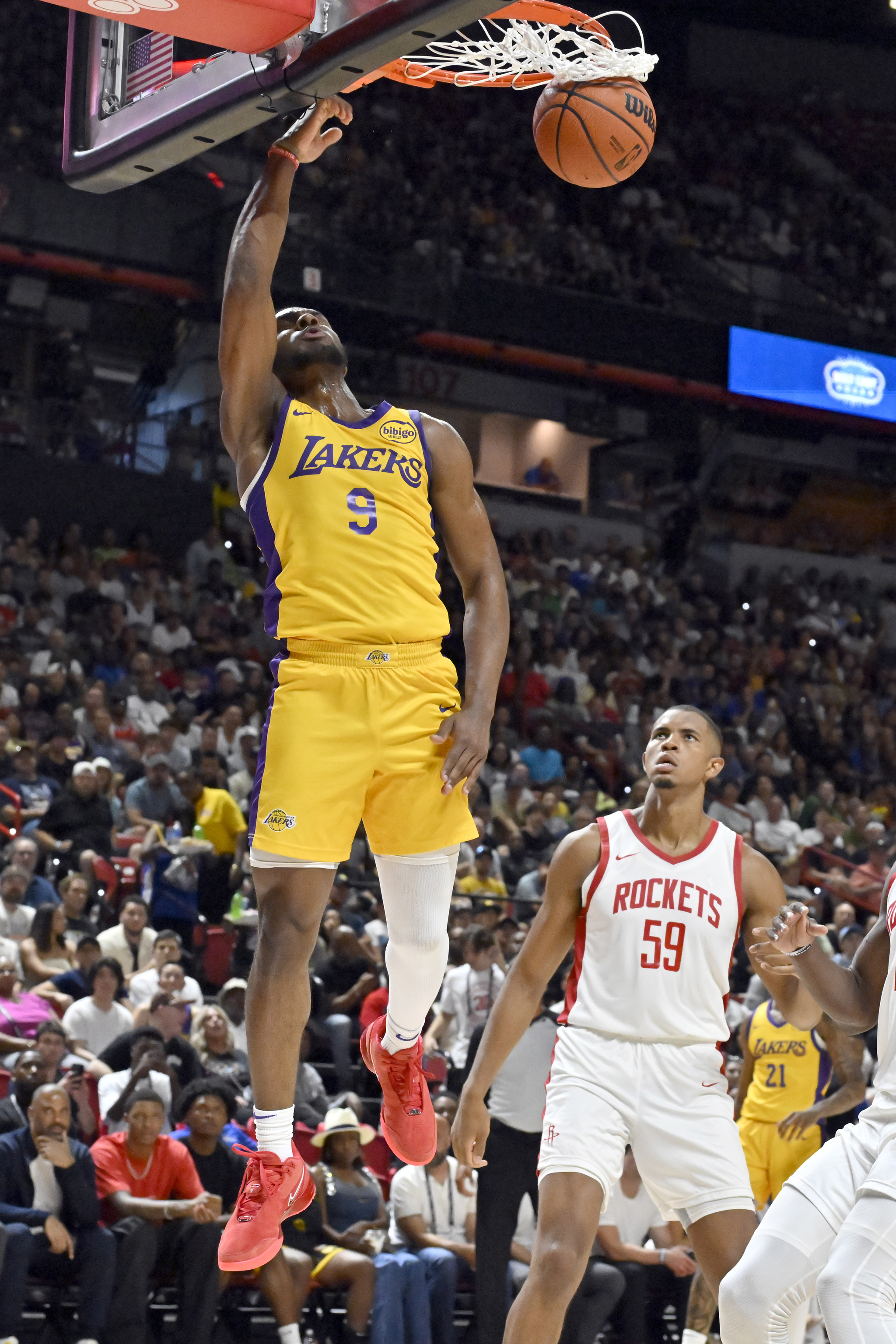 Los Angeles Laker guard Bronny James Jr. (9) dunks against Houston Rockets during a NBA summer league basketball game