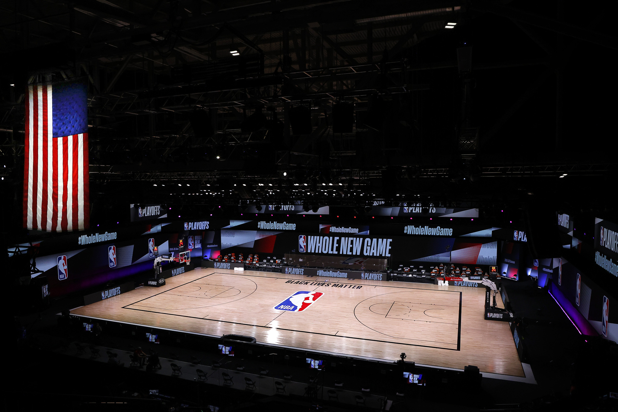 An empty court and bench are shown inside the leagues bubble against the coronavirus pandemic