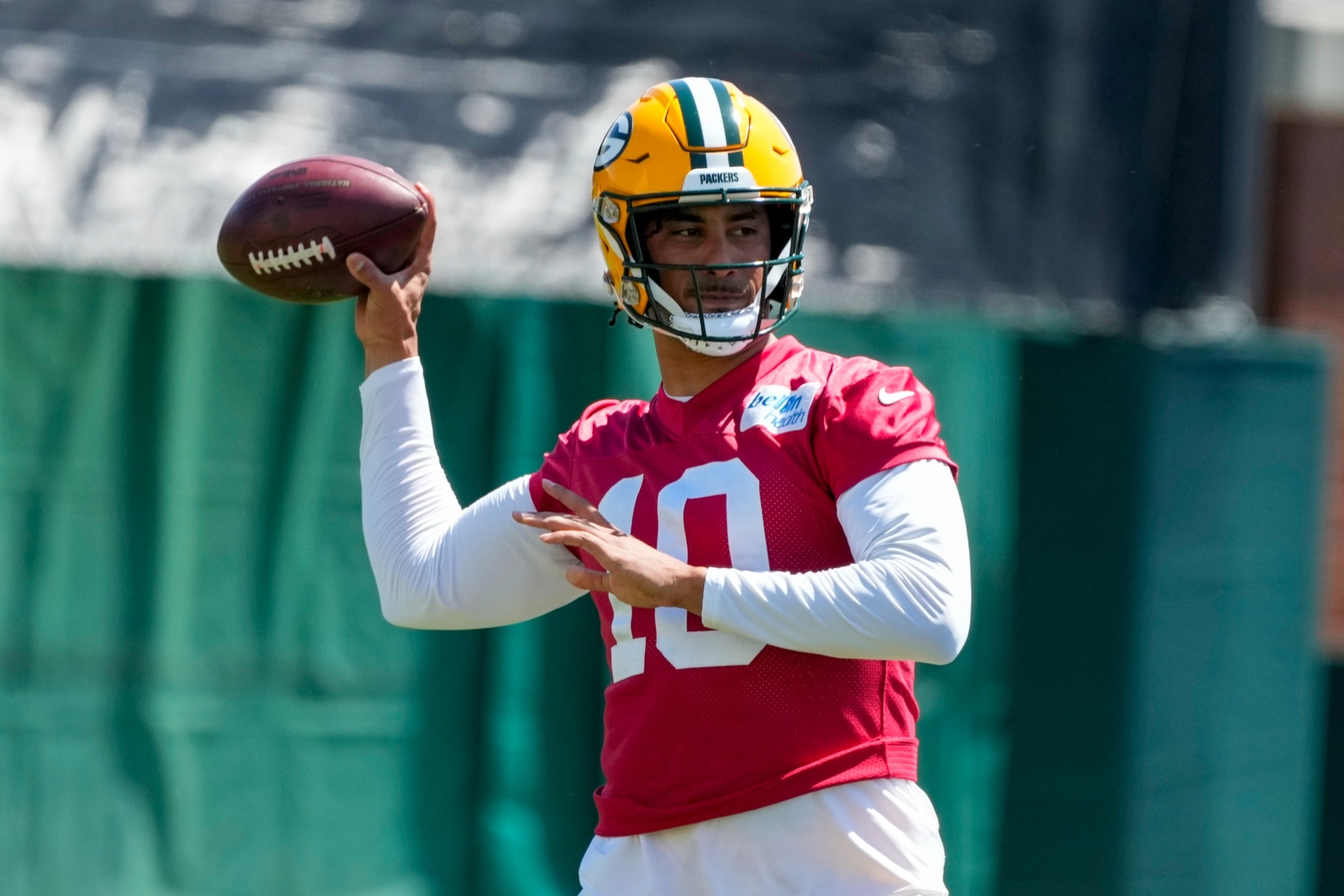 Green Bay Packers Jordan Love throws during an NFL football practice session Wednesday, June 12, 2024, in Green Bay, Wis. (AP Photo/Morry Gash)