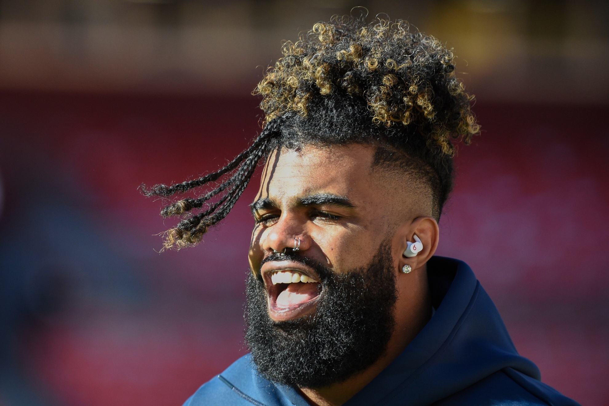 Dallas Cowboys running back Ezekiel Elliott (21) during pregame warmups prior to the start of the first half of an NFL football game against the Washington Football Team, Sunday, Dec. 12, 2021, in Landover, Md. (AP Photo/Mark Tenally)