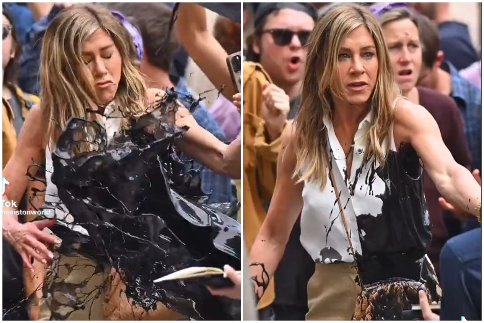 Jennifer Aniston gets oil thrown at her during the filming of The Morning Show